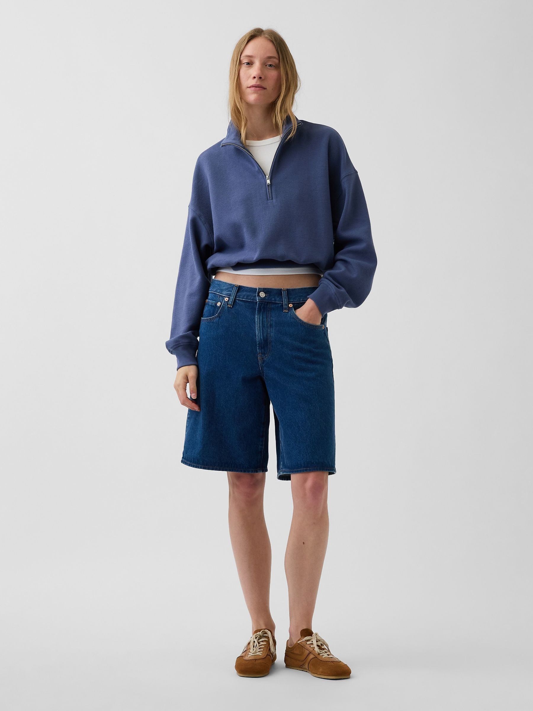 Blue Textured Cotton Oversized Half-Zip Pullover - Image 3 of 4