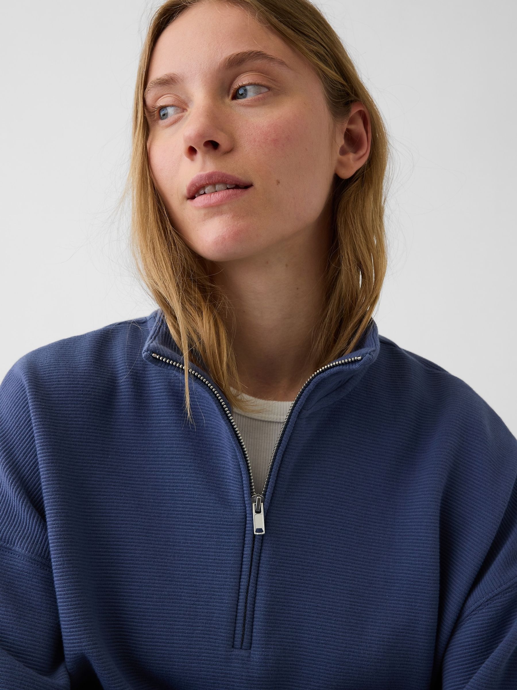 Blue Textured Cotton Oversized Half-Zip Pullover - Image 4 of 4