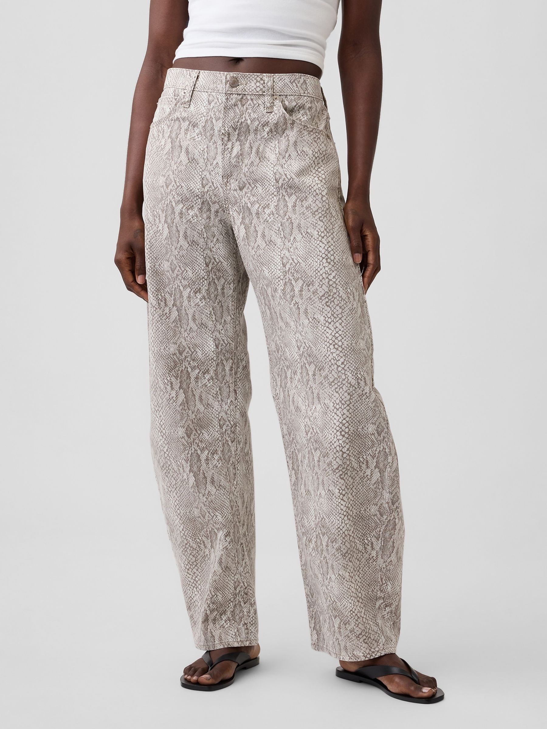 Grey High Waisted Snake Print Barrel Jeans - Image 1 of 4