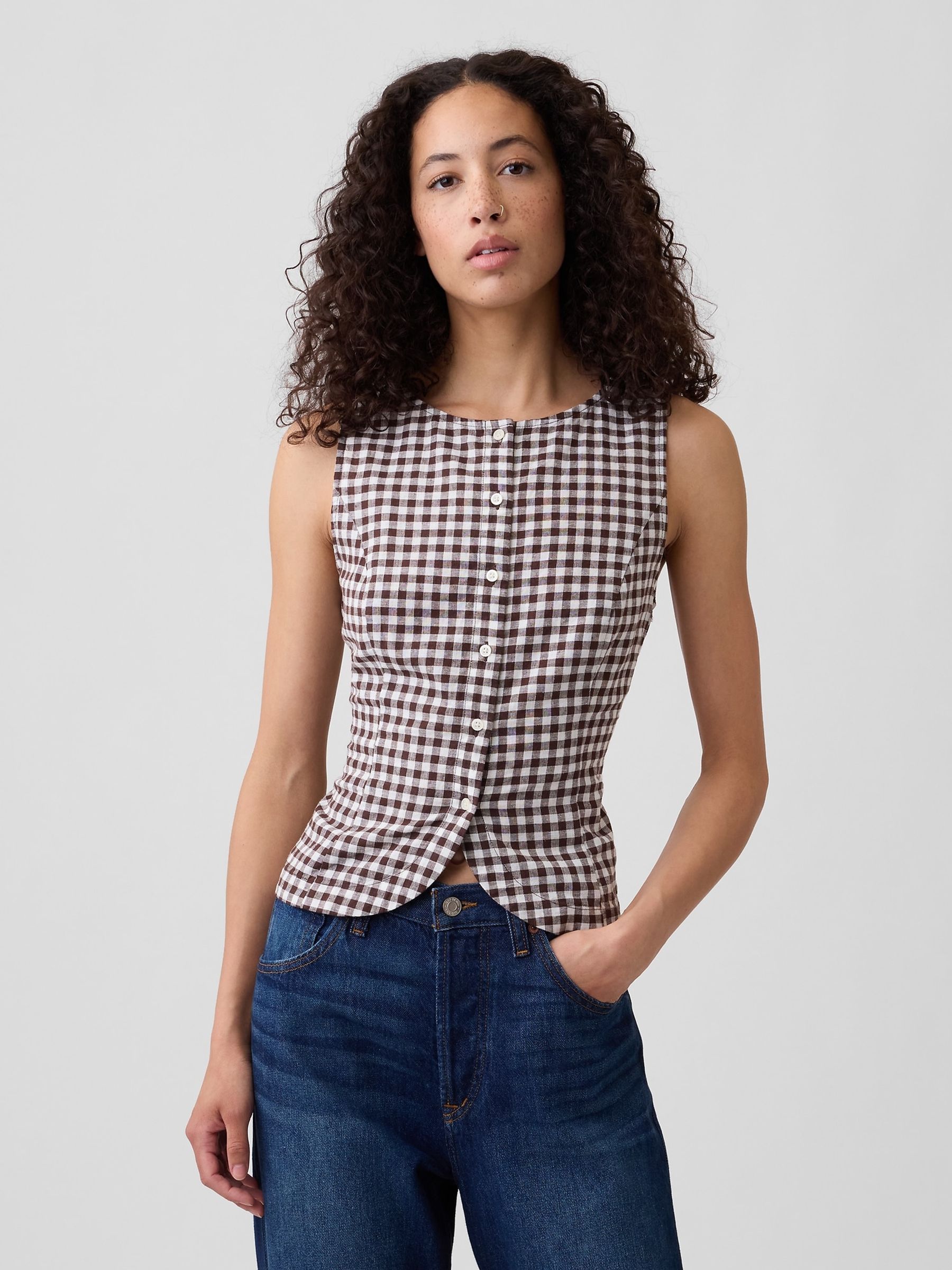 Brown Gingham Boatneck Button-Up Top - Image 1 of 5