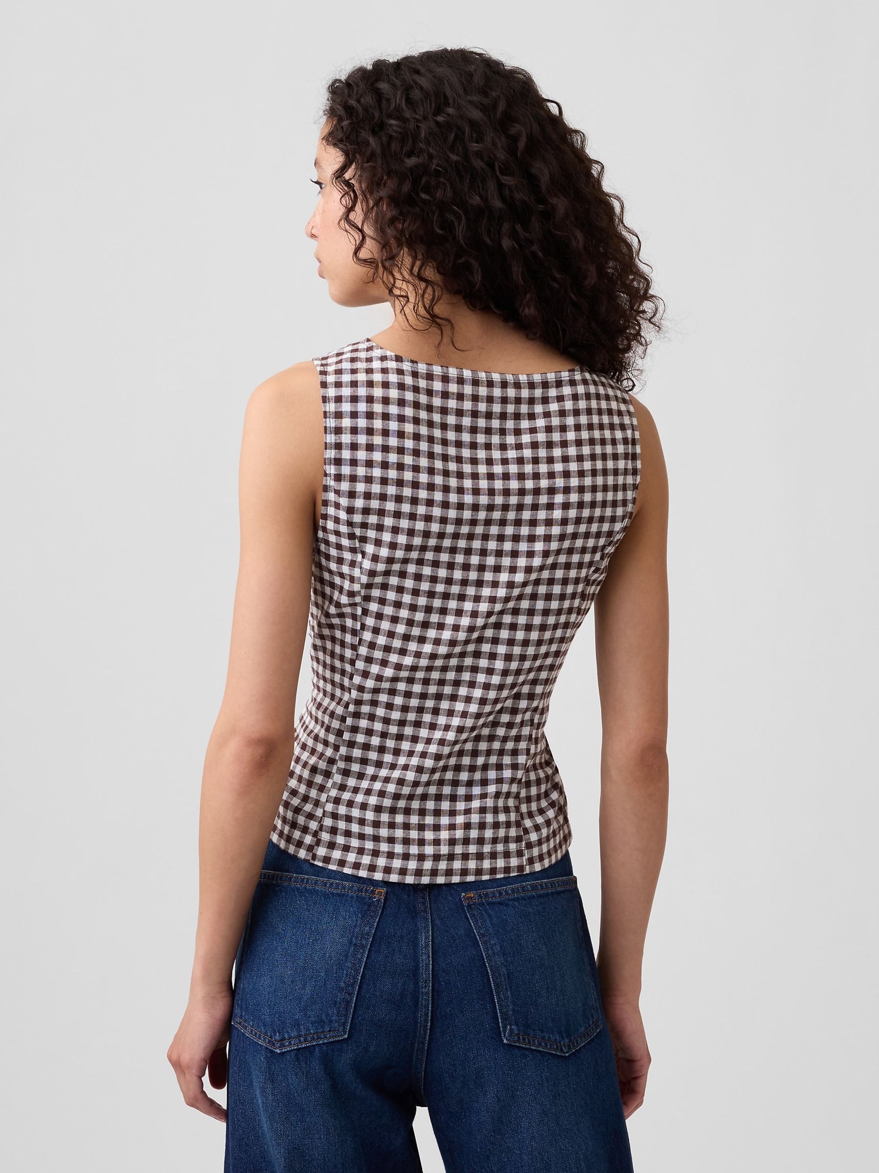 Brown Gingham Boatneck Button-Up Top - Image 2 of 5