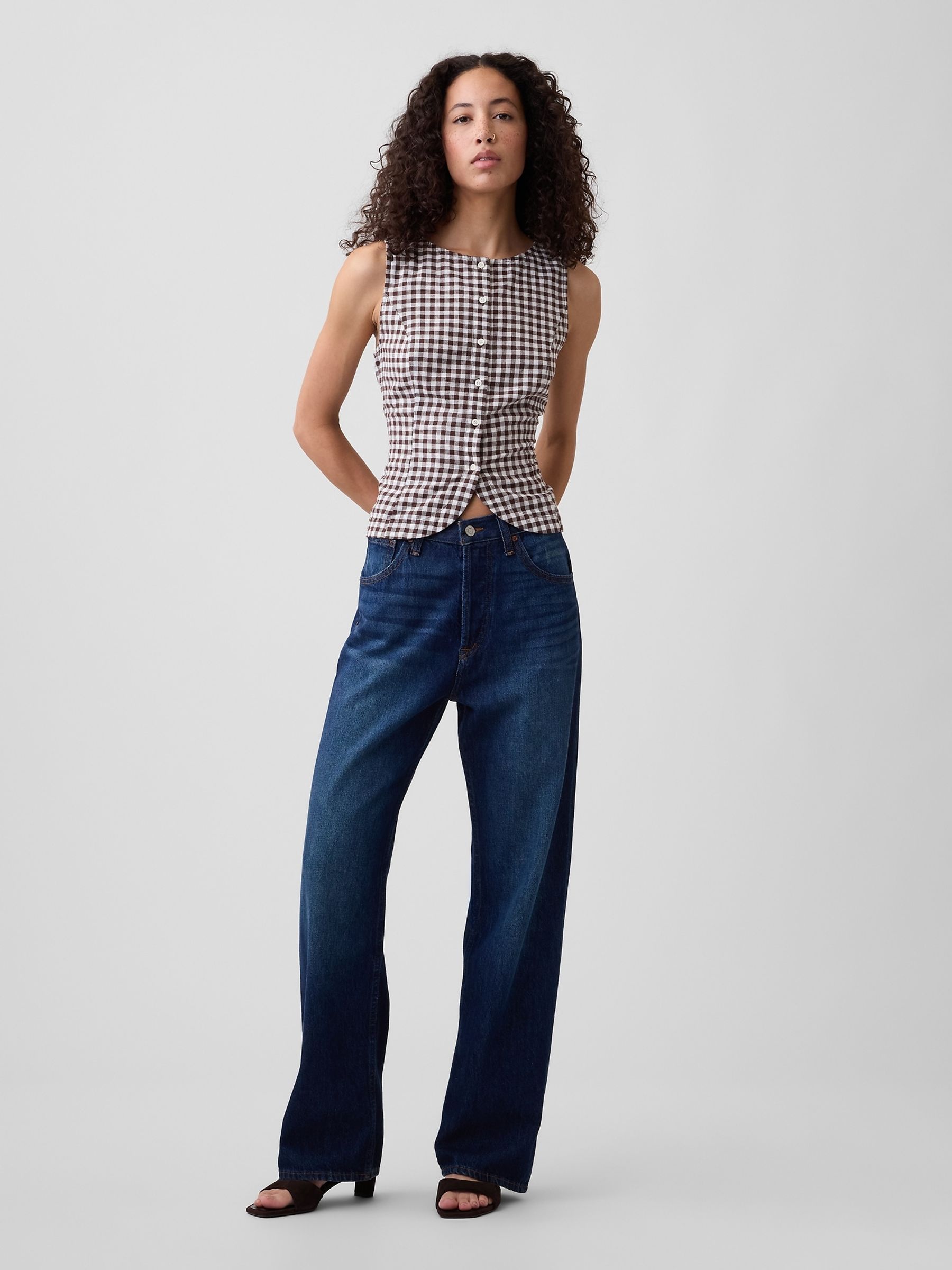 Brown Gingham Boatneck Button-Up Top - Image 3 of 5