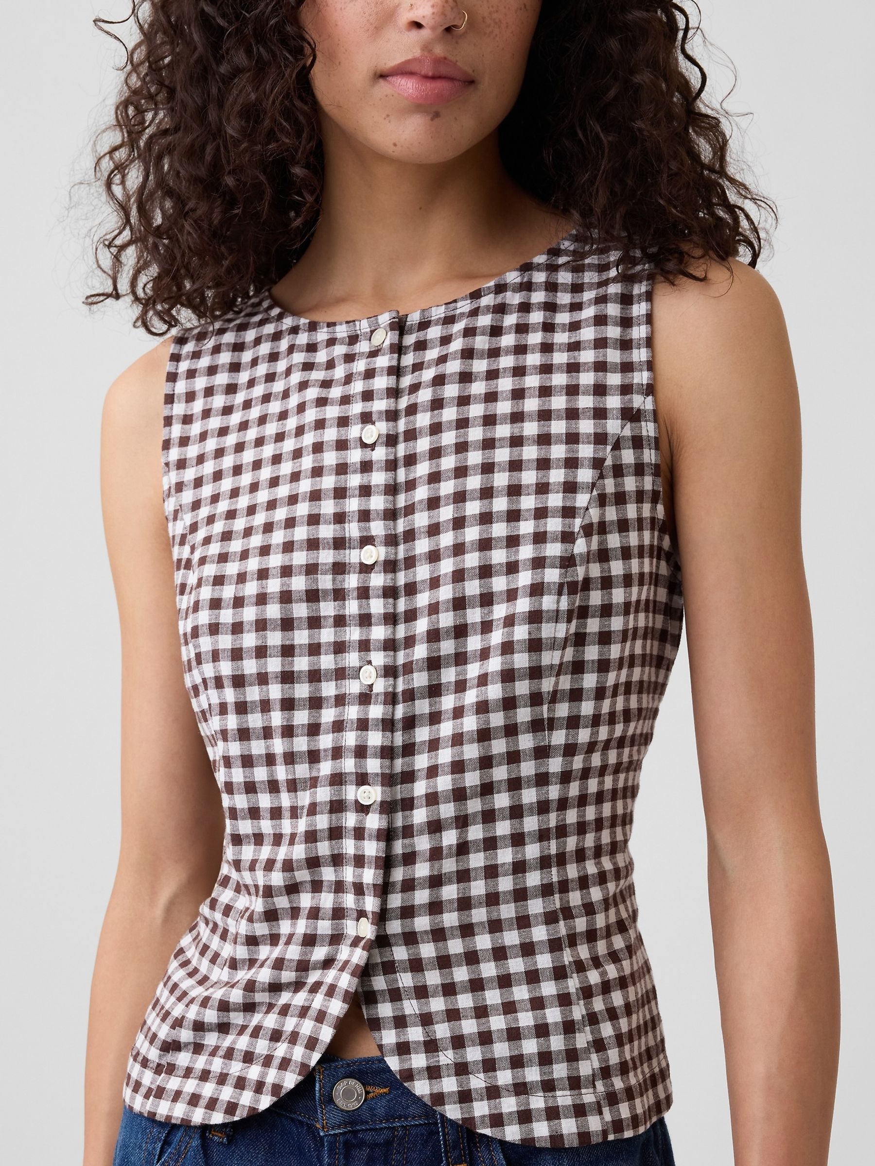 Brown Gingham Boatneck Button-Up Top - Image 4 of 5
