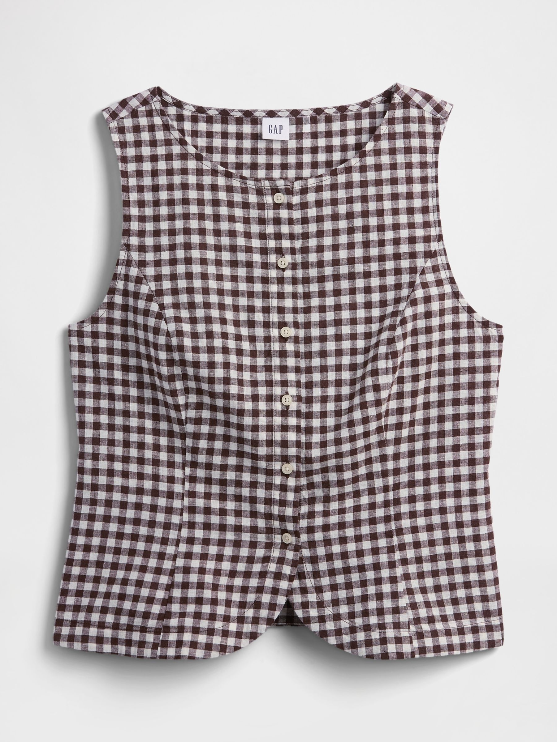 Brown Gingham Boatneck Button-Up Top - Image 5 of 5