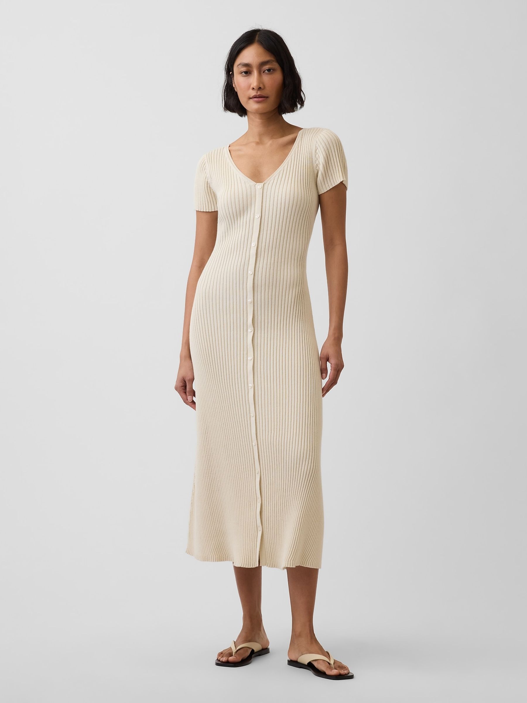 Beige Rib Button-Front Maxi Knitted Dress - Image 1 of 4 Beige Rib Button-Front Maxi Knitted Dress - Image 1 of 4