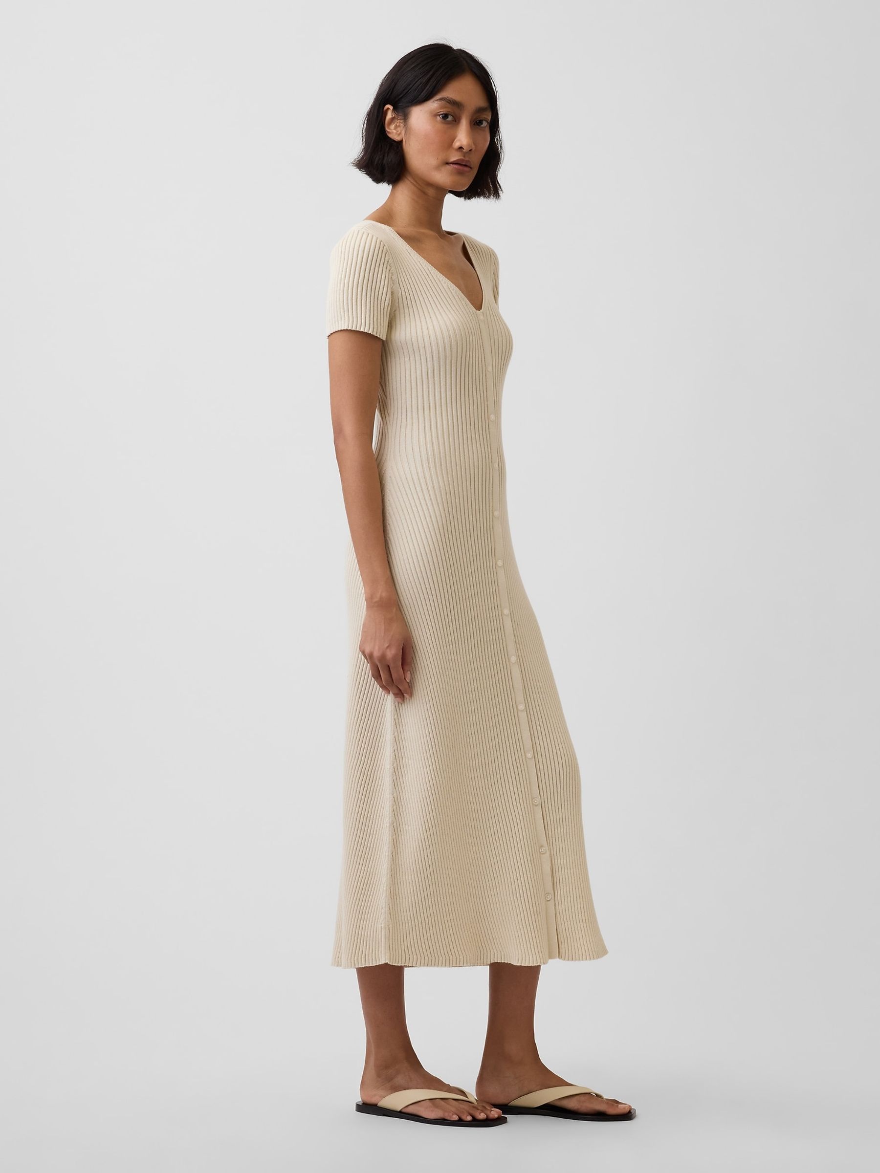 Beige Rib Button-Front Maxi Knitted Dress - Image 3 of 4