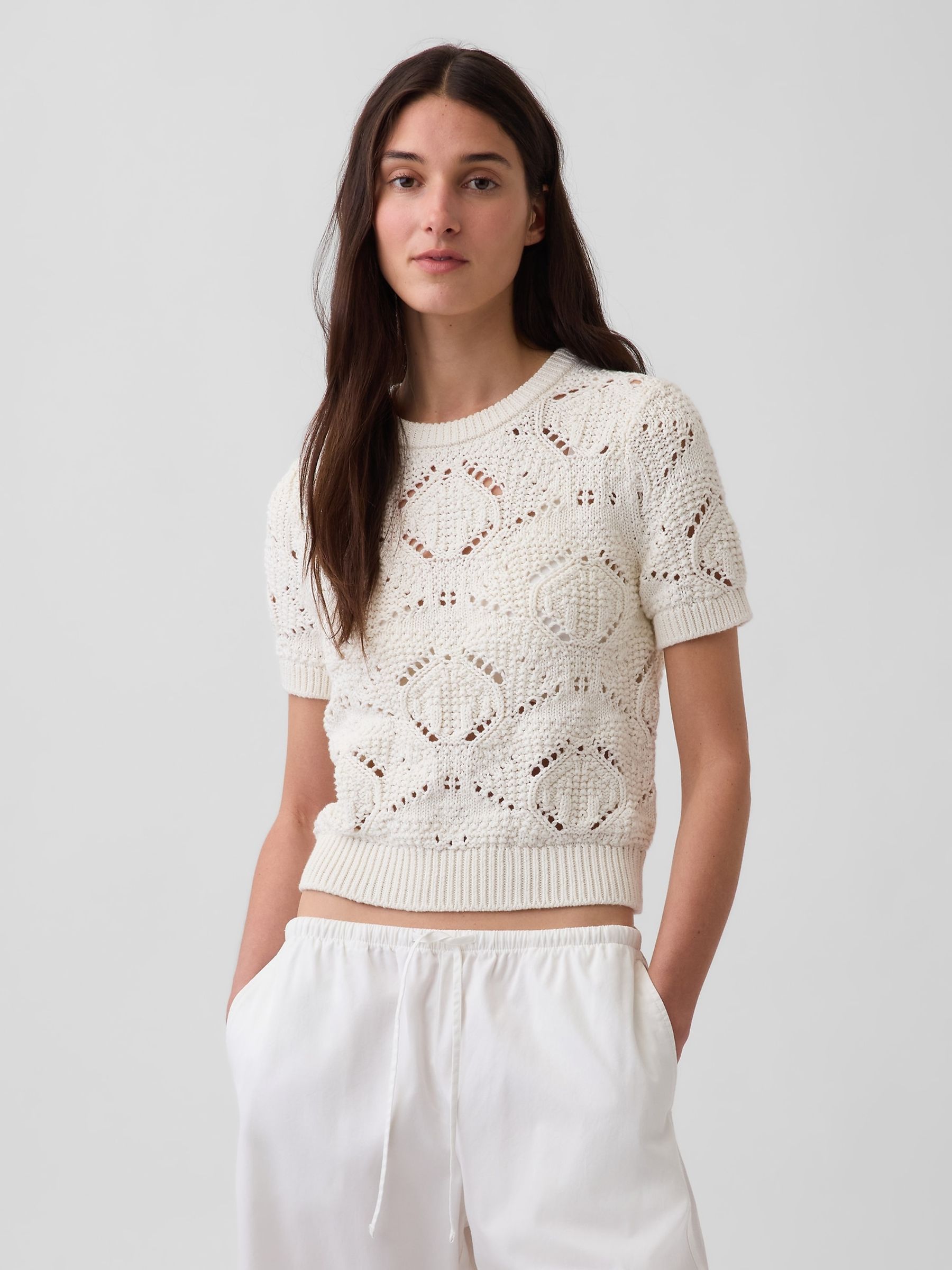 Cream Crochet Short Sleeve Jumper - Image 1 of 4