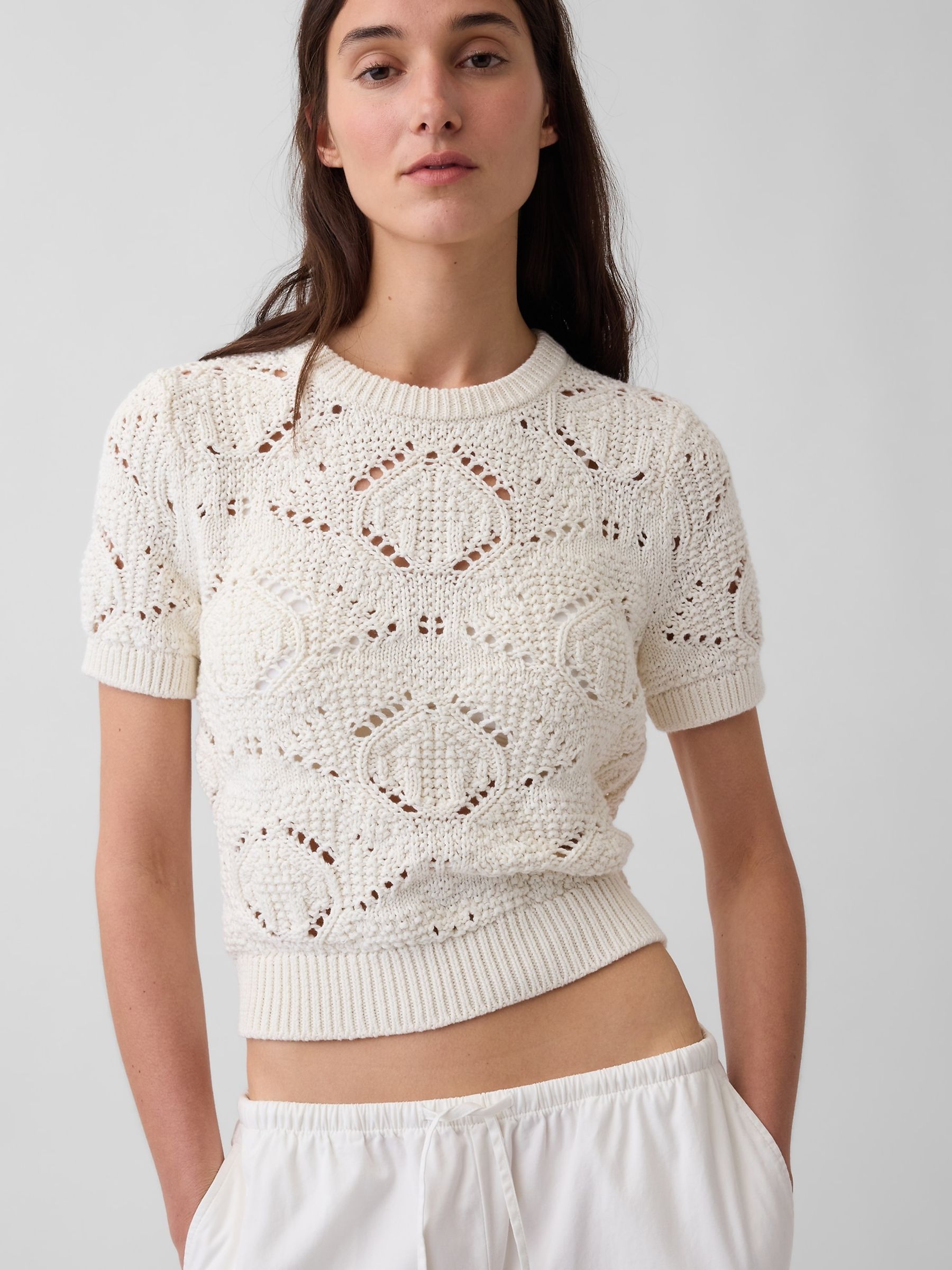 Cream Crochet Short Sleeve Jumper - Image 4 of 4