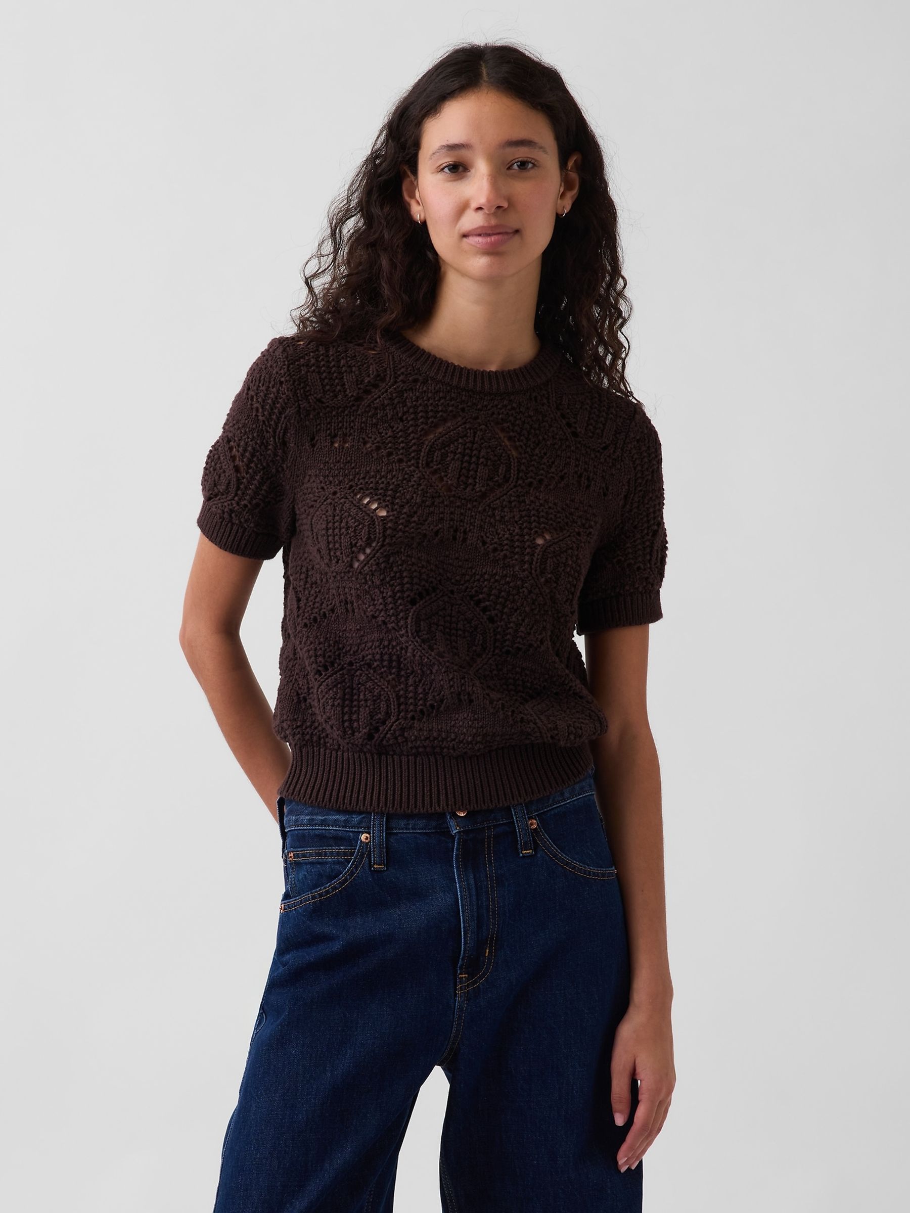 Black Crochet Short Sleeve Jumper - Image 1 of 4