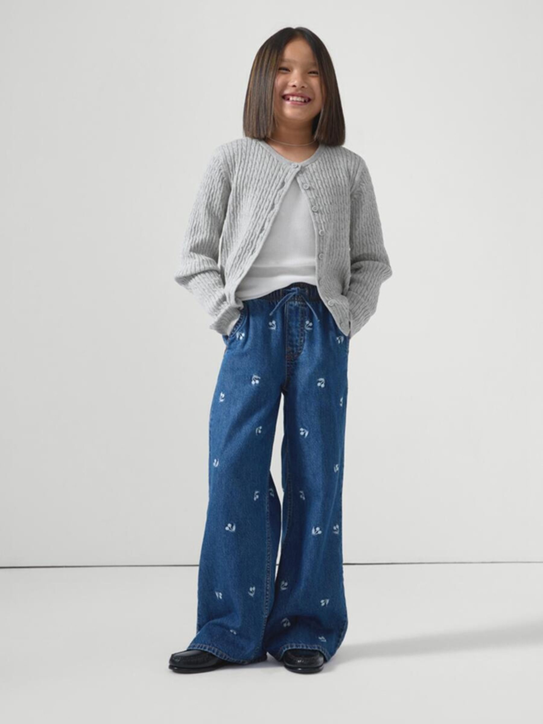 Medium Wash Cherry High Waisted Pull On Wide-Leg Jeans - Image 1 of 4