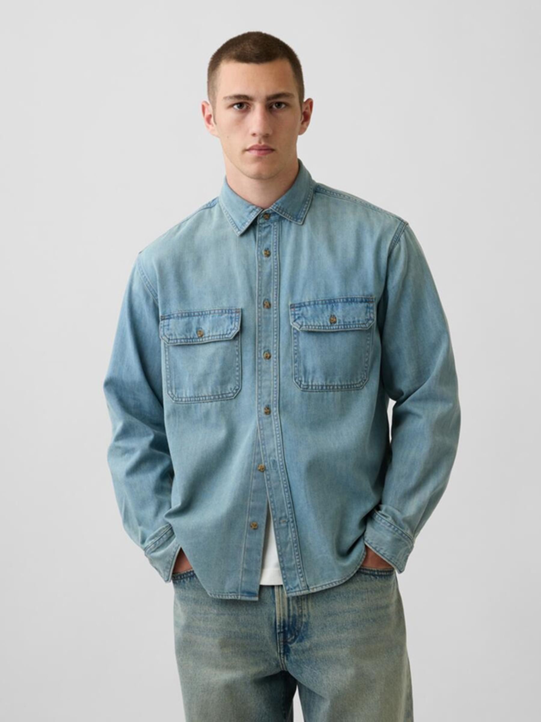 Light Wash UltraSoft Denim Relaxed Utility Shirt - Image 1 of 5