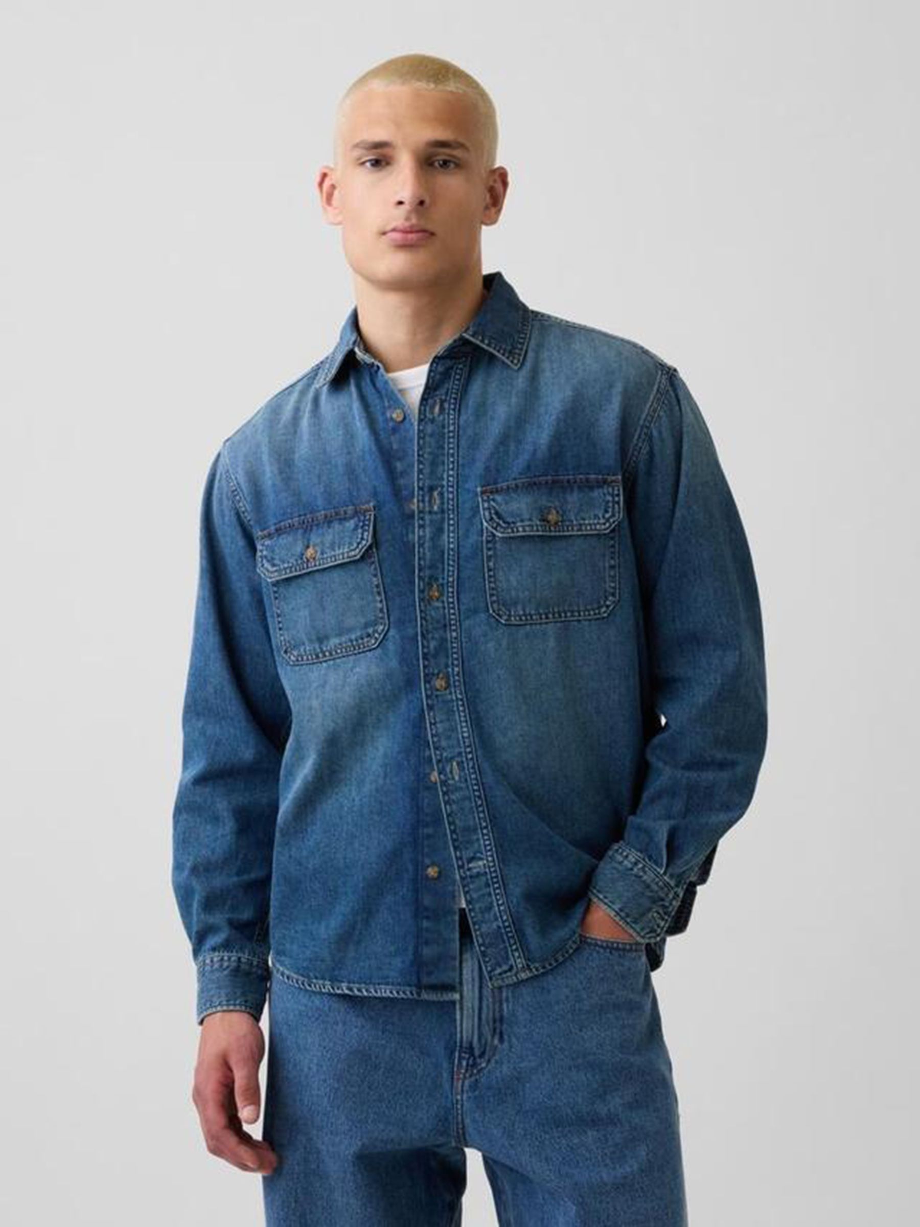Dark Wash UltraSoft Denim Relaxed Utility Shirt - Image 1 of 5