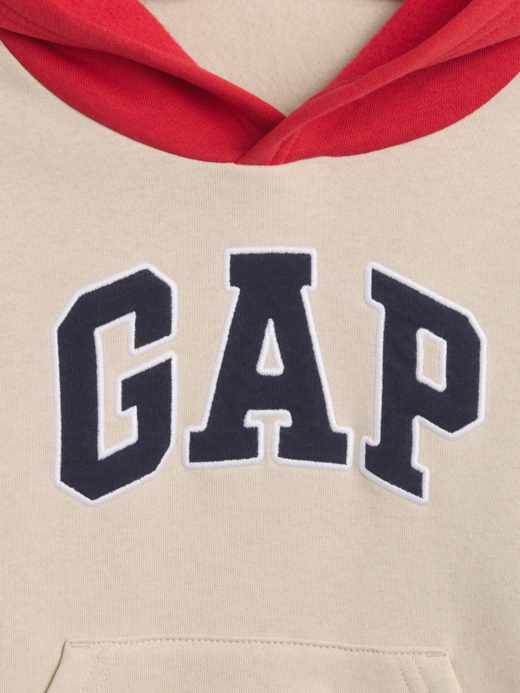 Beige/Red Relaxed Colourblock Logo Hoodie - Image 3 of 3 Beige/Red Relaxed Colourblock Logo Hoodie - Image 3 of 3