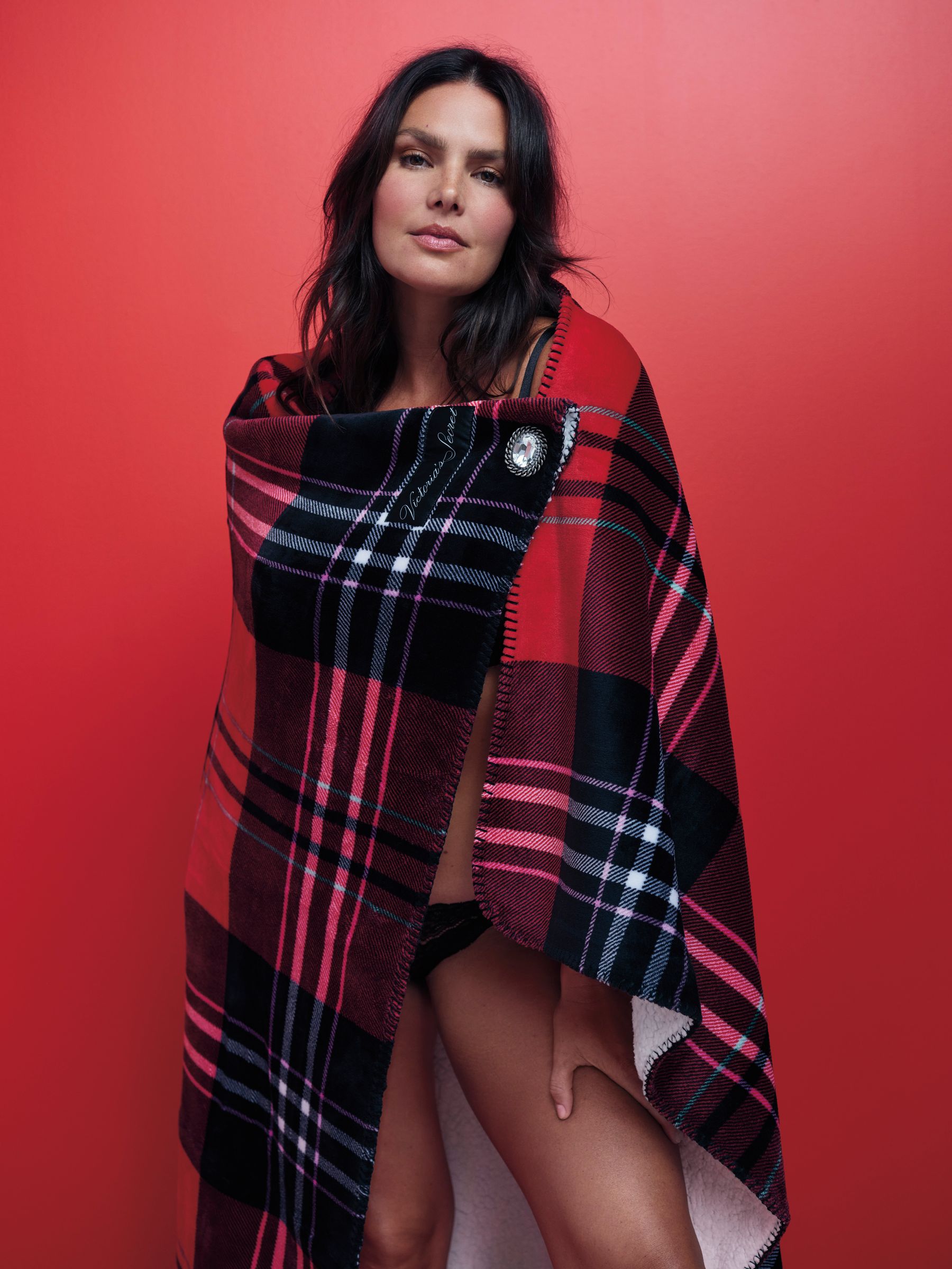 Lipstick/ Black Flannel Plaid Sherpa Blanket - Image 1 of 3