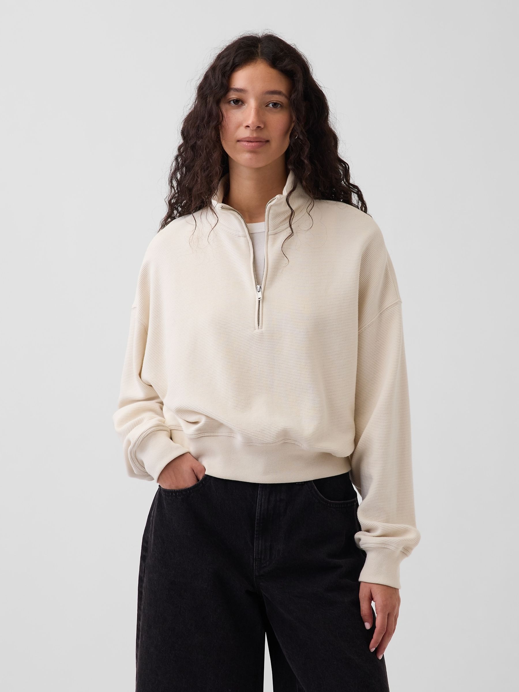Cream Textured Cotton Oversized Half-Zip Pullover - Image 1 of 5