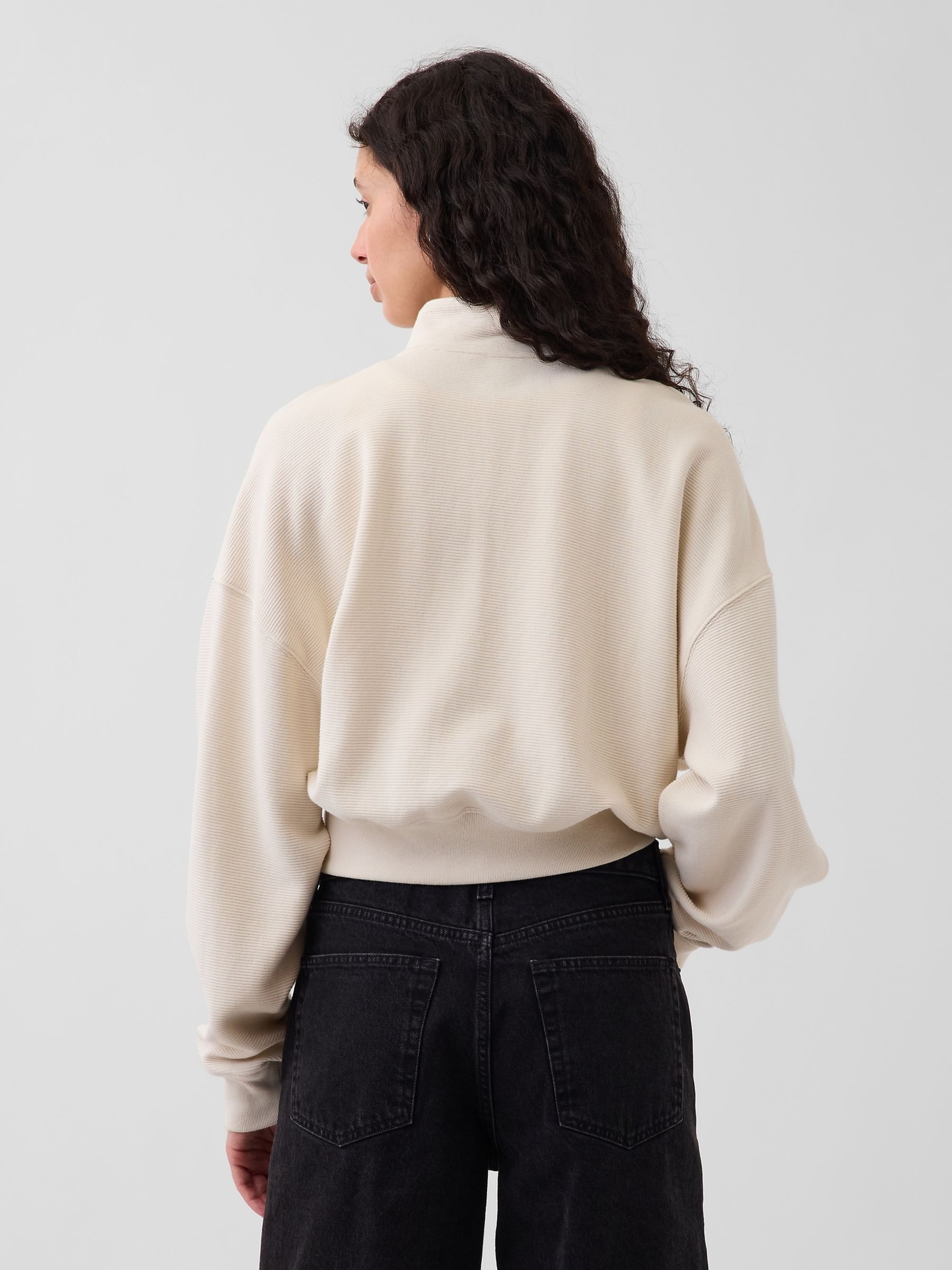 Cream Textured Cotton Oversized Half-Zip Pullover - Image 2 of 5