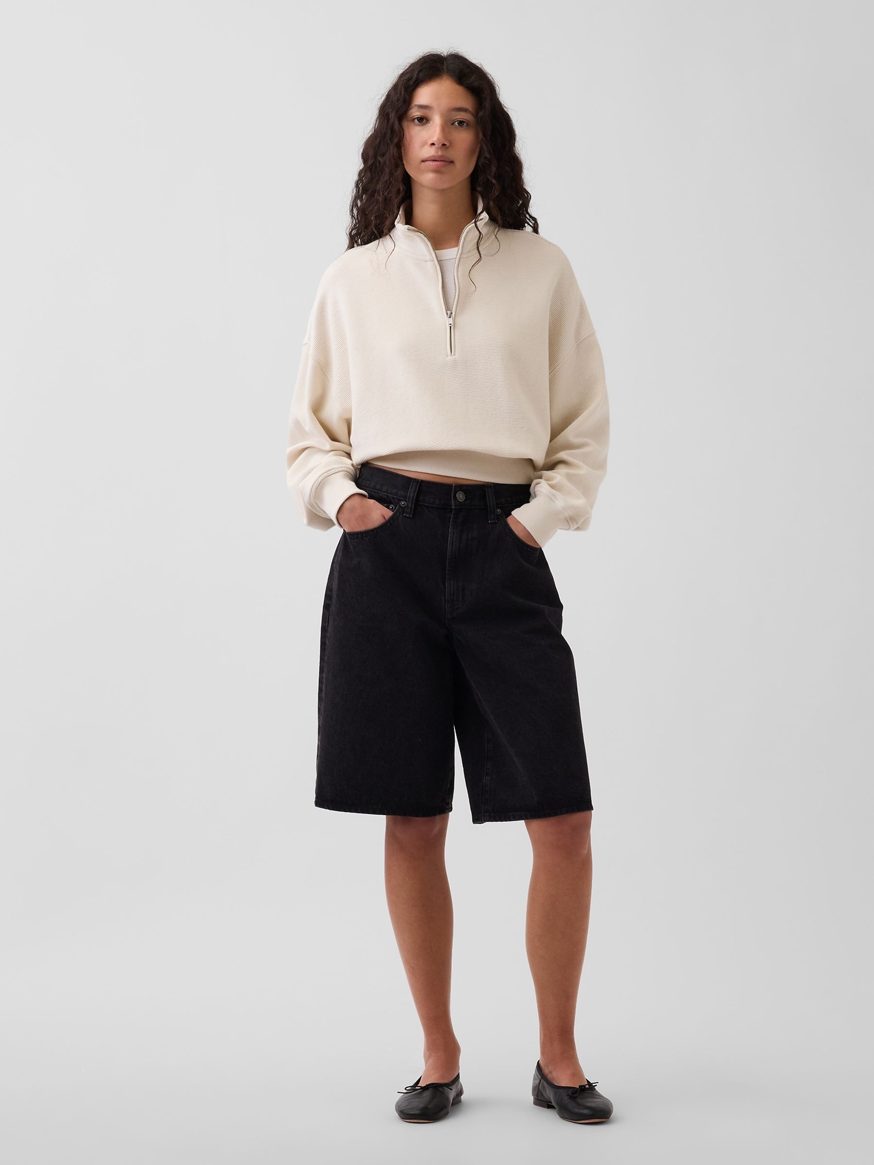 Cream Textured Cotton Oversized Half-Zip Pullover - Image 3 of 5