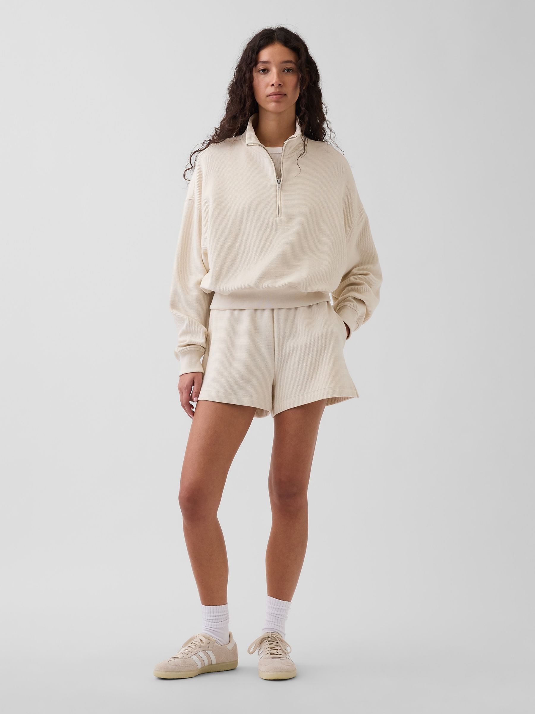 Cream Textured Cotton Oversized Half-Zip Pullover - Image 4 of 5