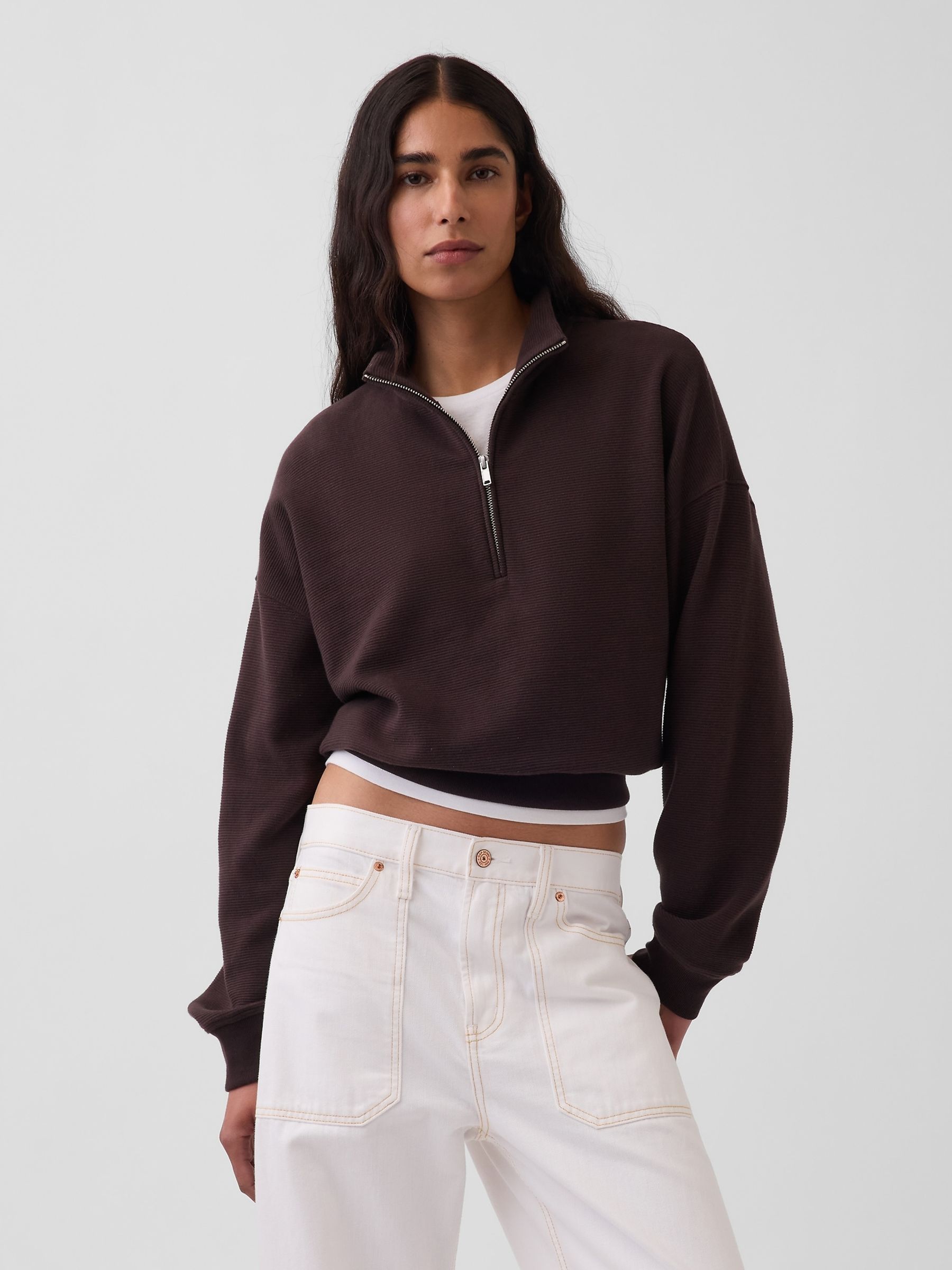 Brown Textured Cotton Oversized Half-Zip Pullover - Image 1 of 5