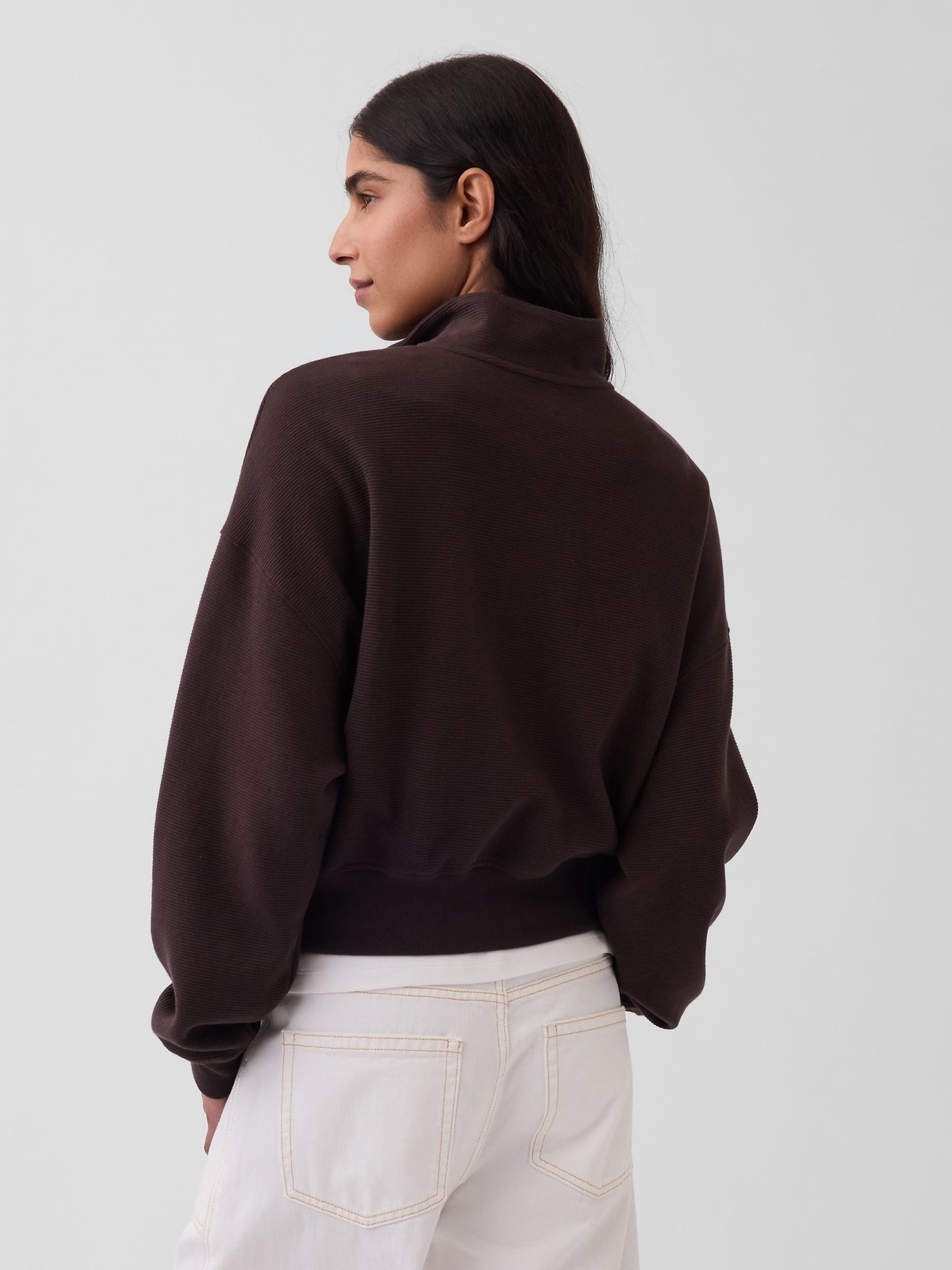 Brown Textured Cotton Oversized Half-Zip Pullover - Image 2 of 5