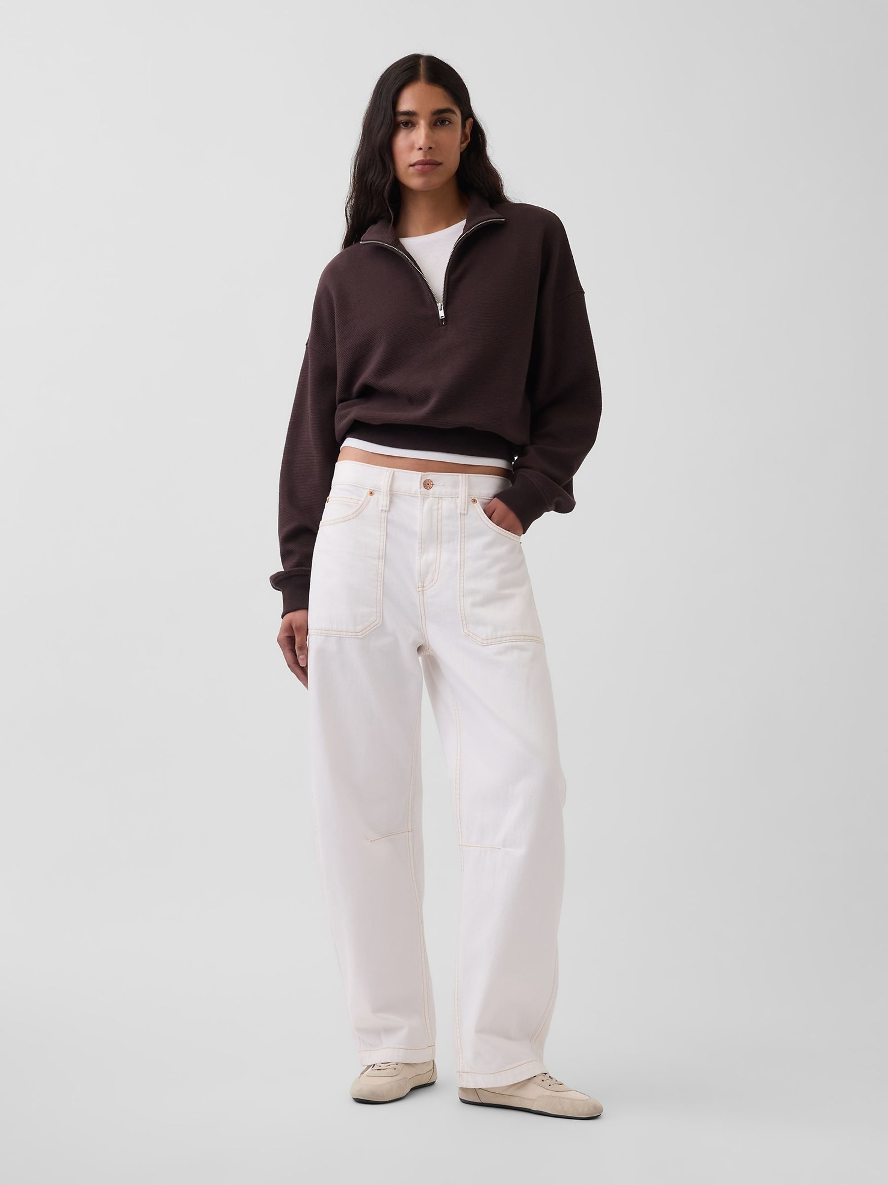 Brown Textured Cotton Oversized Half-Zip Pullover - Image 3 of 5