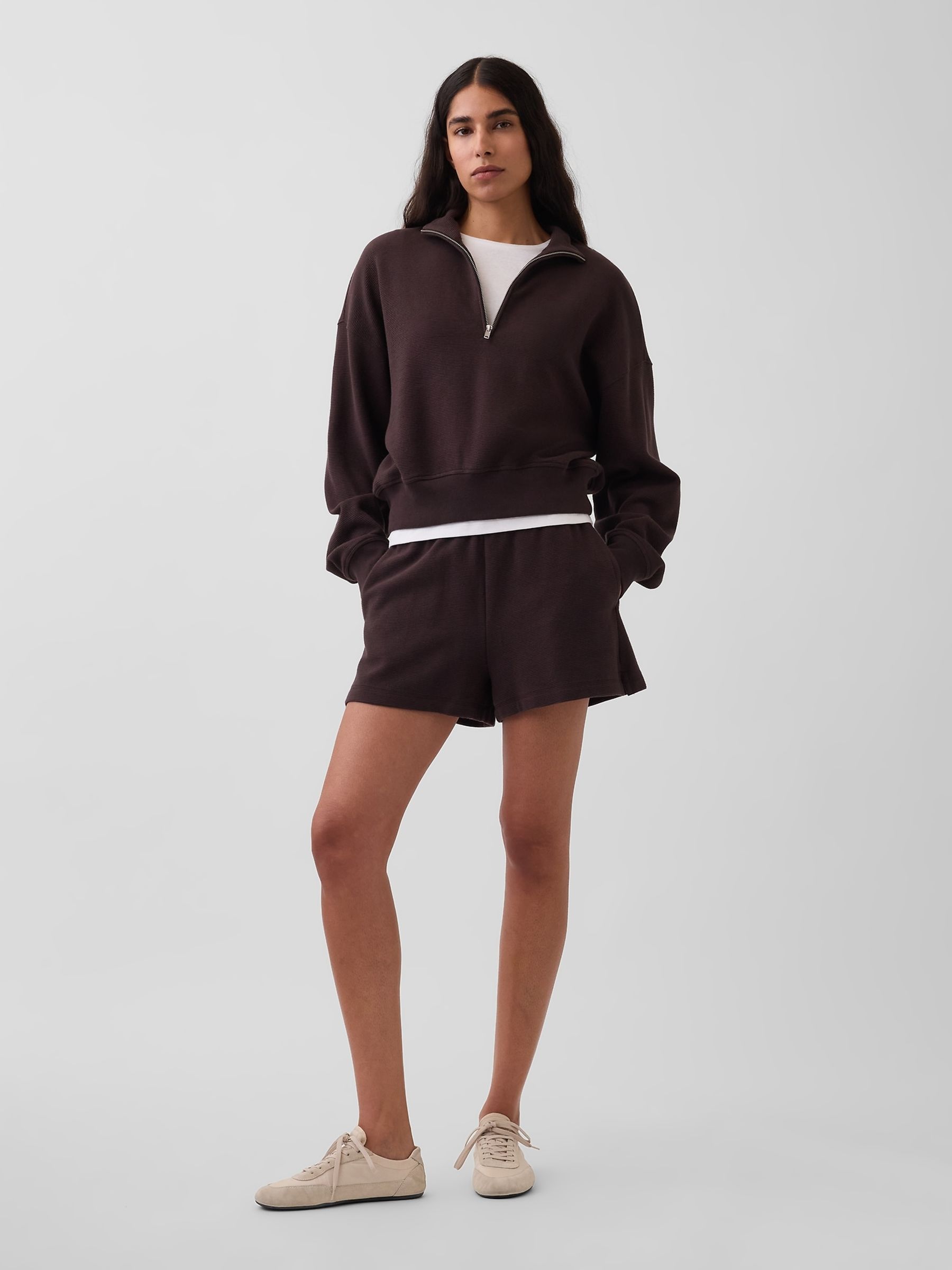 Brown Textured Cotton Oversized Half-Zip Pullover - Image 4 of 5