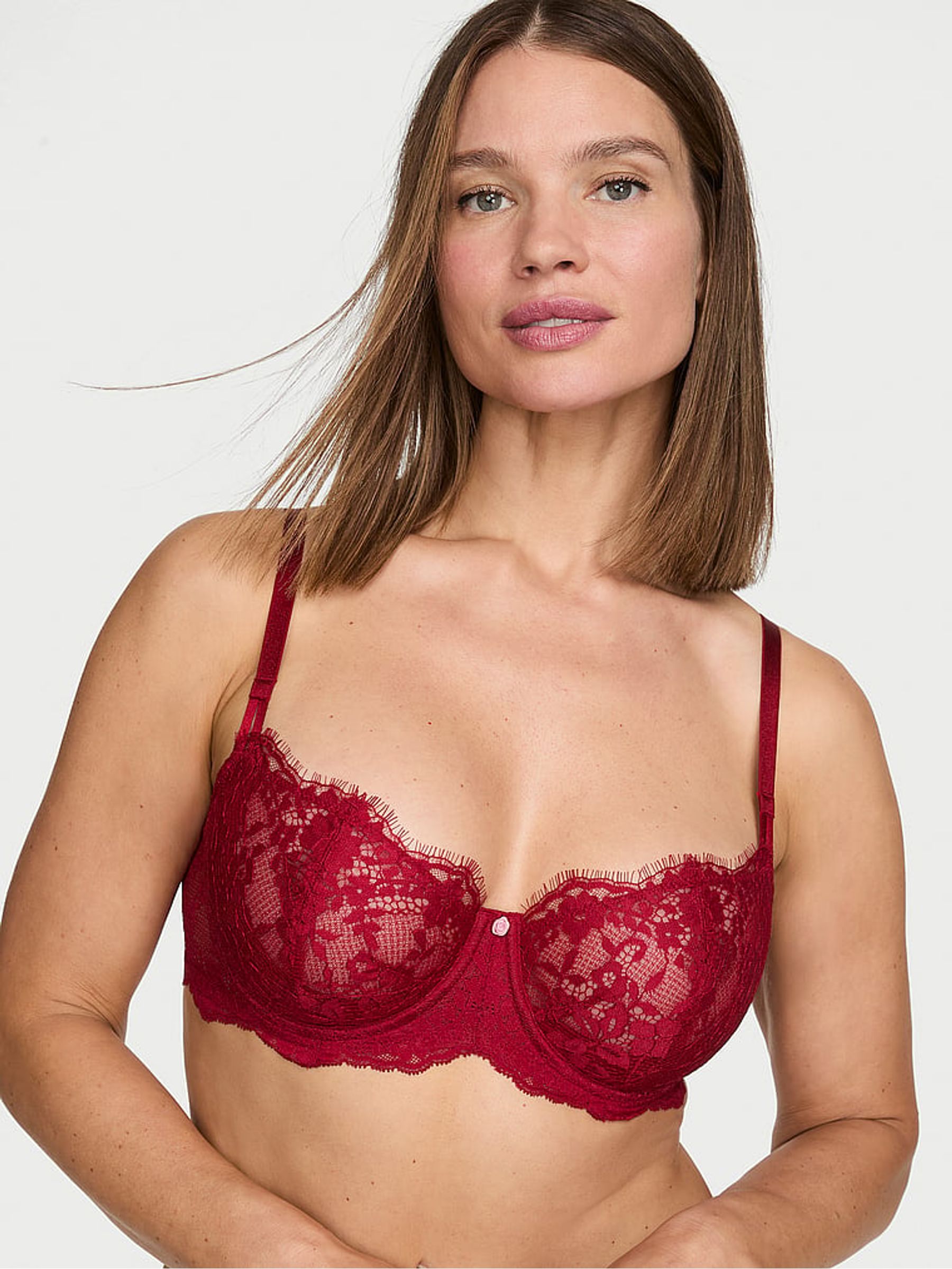 Red Lacquer Unlined Balcony Lace Bra - Image 1 of 3 Red Lacquer Unlined Balcony Lace Bra - Image 1 of 3