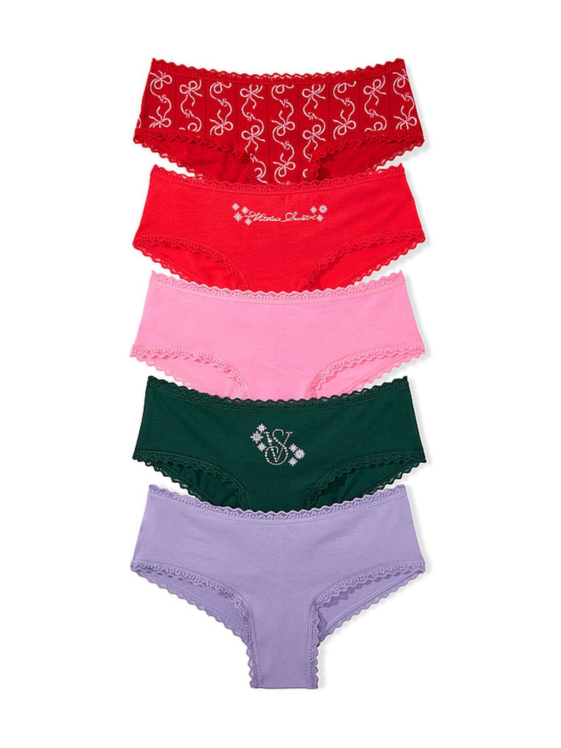 Christmas Red/Pink/Green/Purple Cheeky 5 Pack Cotton Lace Trim Knickers - Image 1 of 1