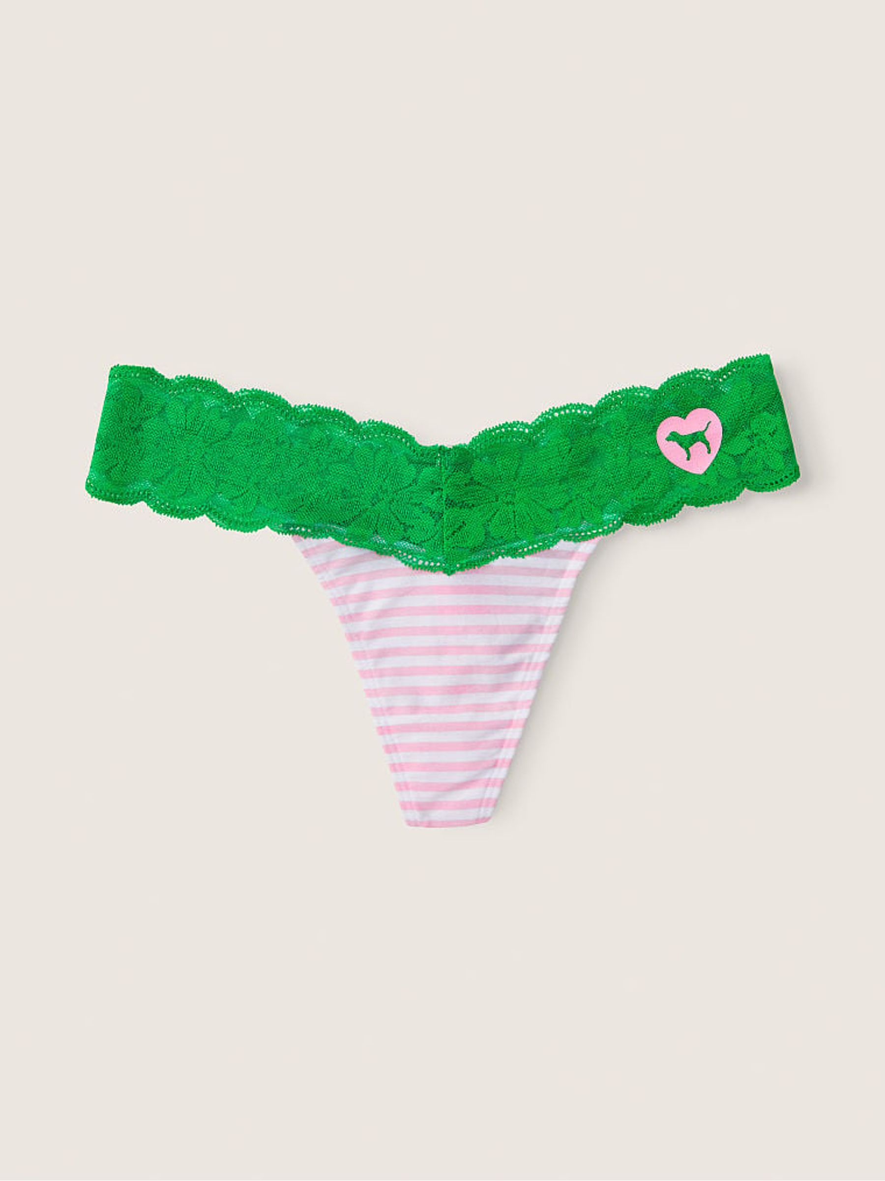 Cupid Stripe with Happy Camper Green Band Pink Lace Trim Thong Knickers - Image 2 of 2