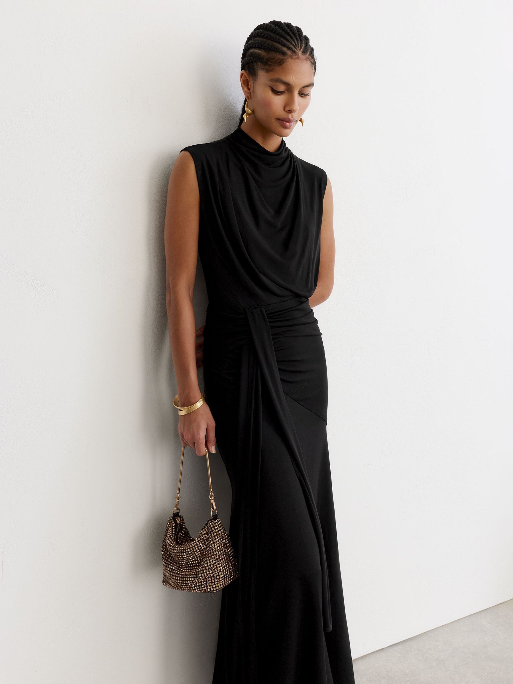 Petite Draped High-Neck Sleeveless Maxi Dress in Black - Image 1 of 8 Petite Draped High-Neck Sleeveless Maxi Dress in Black - Image 1 of 8