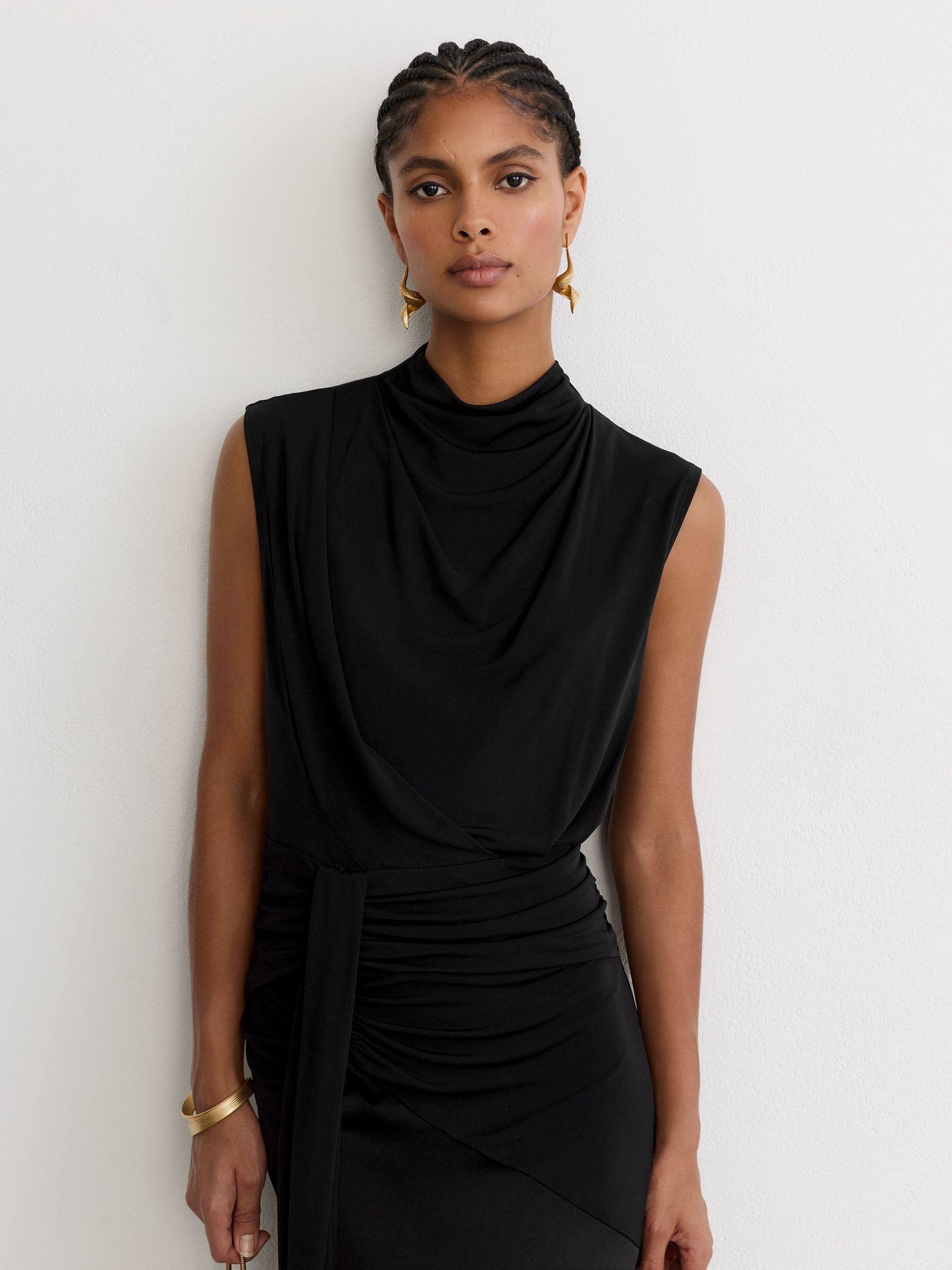 Petite Draped High-Neck Sleeveless Maxi Dress in Black - Image 4 of 8