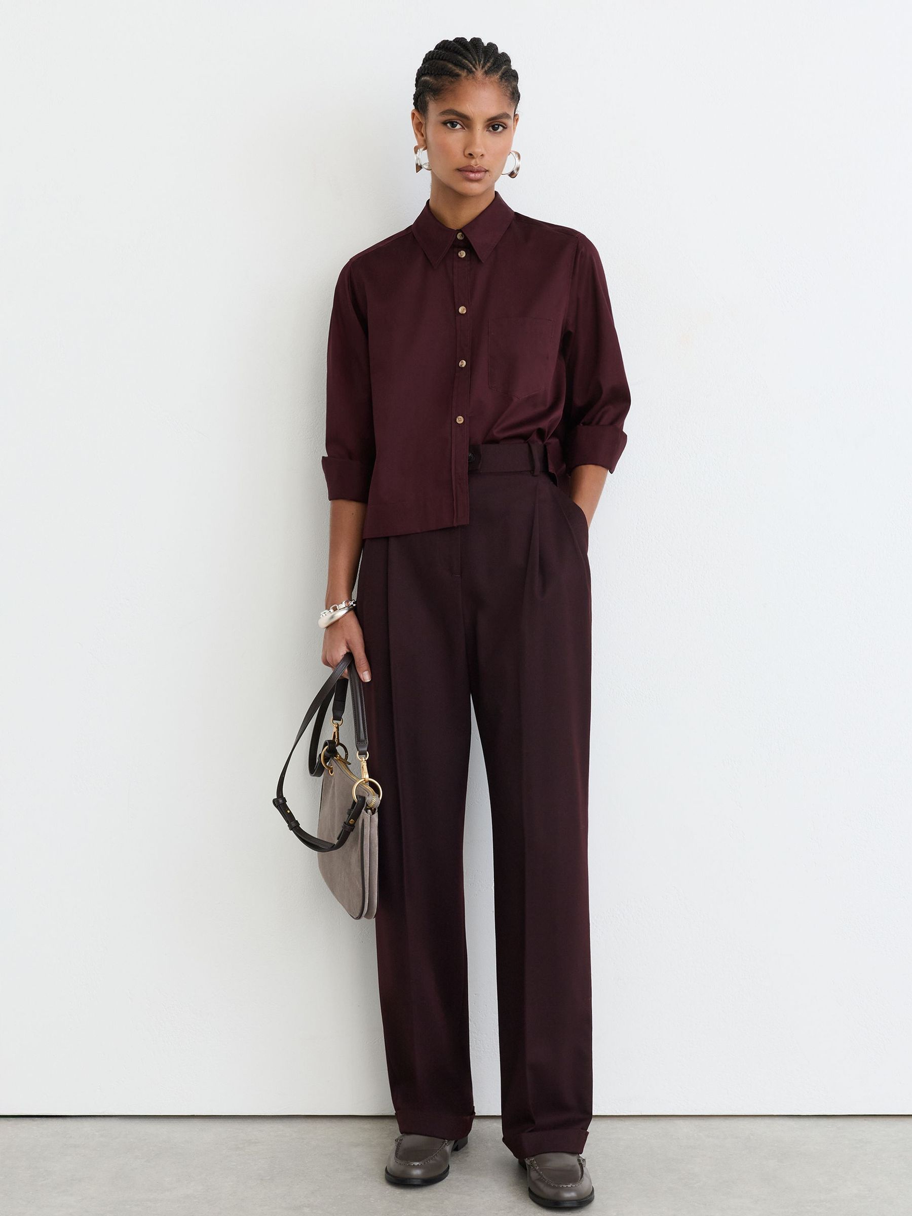 Cotton Cropped Long-Sleeve Shirt in Burgundy - Image 1 of 8