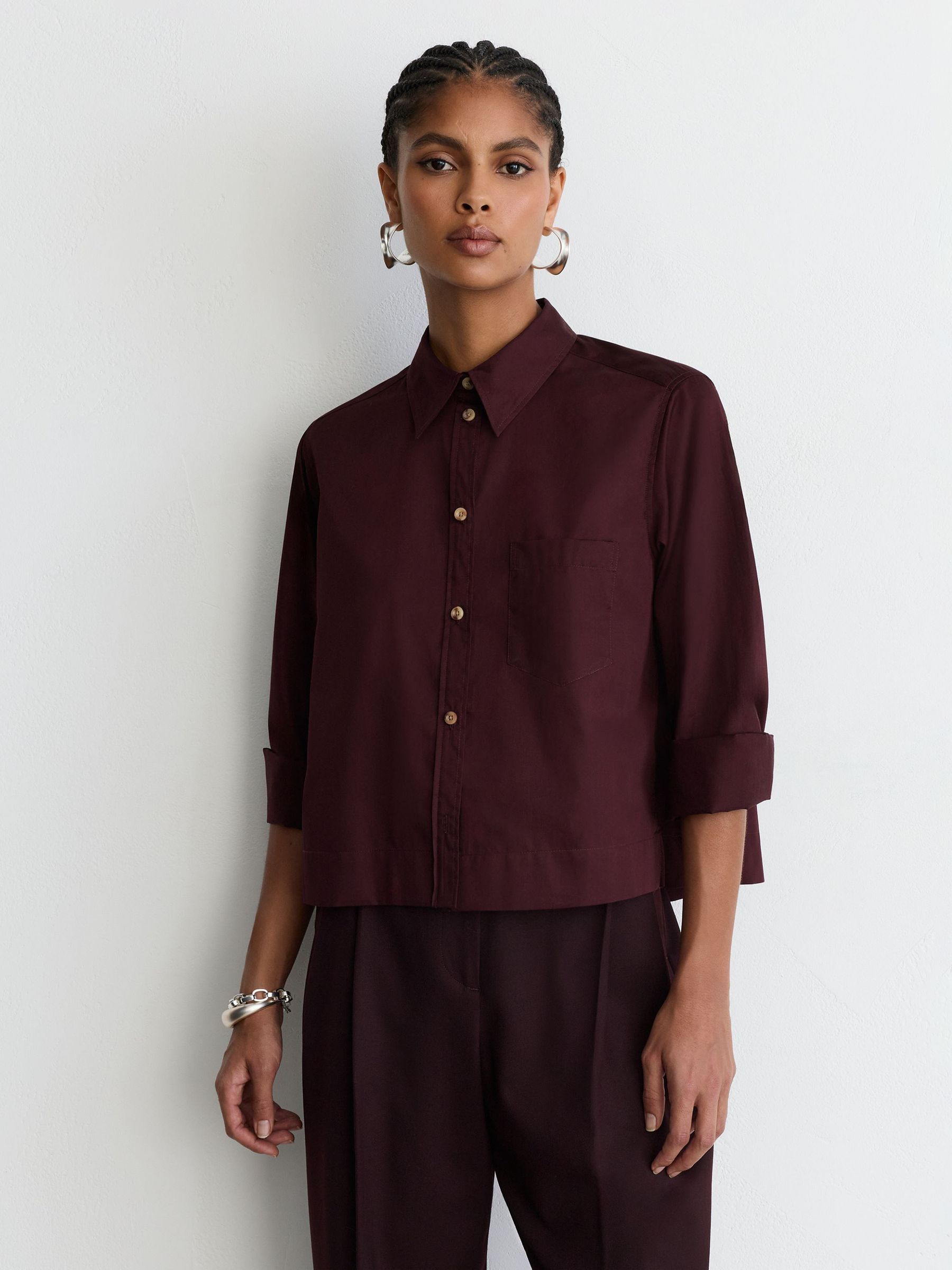 Cotton Cropped Long-Sleeve Shirt in Burgundy - Image 3 of 8