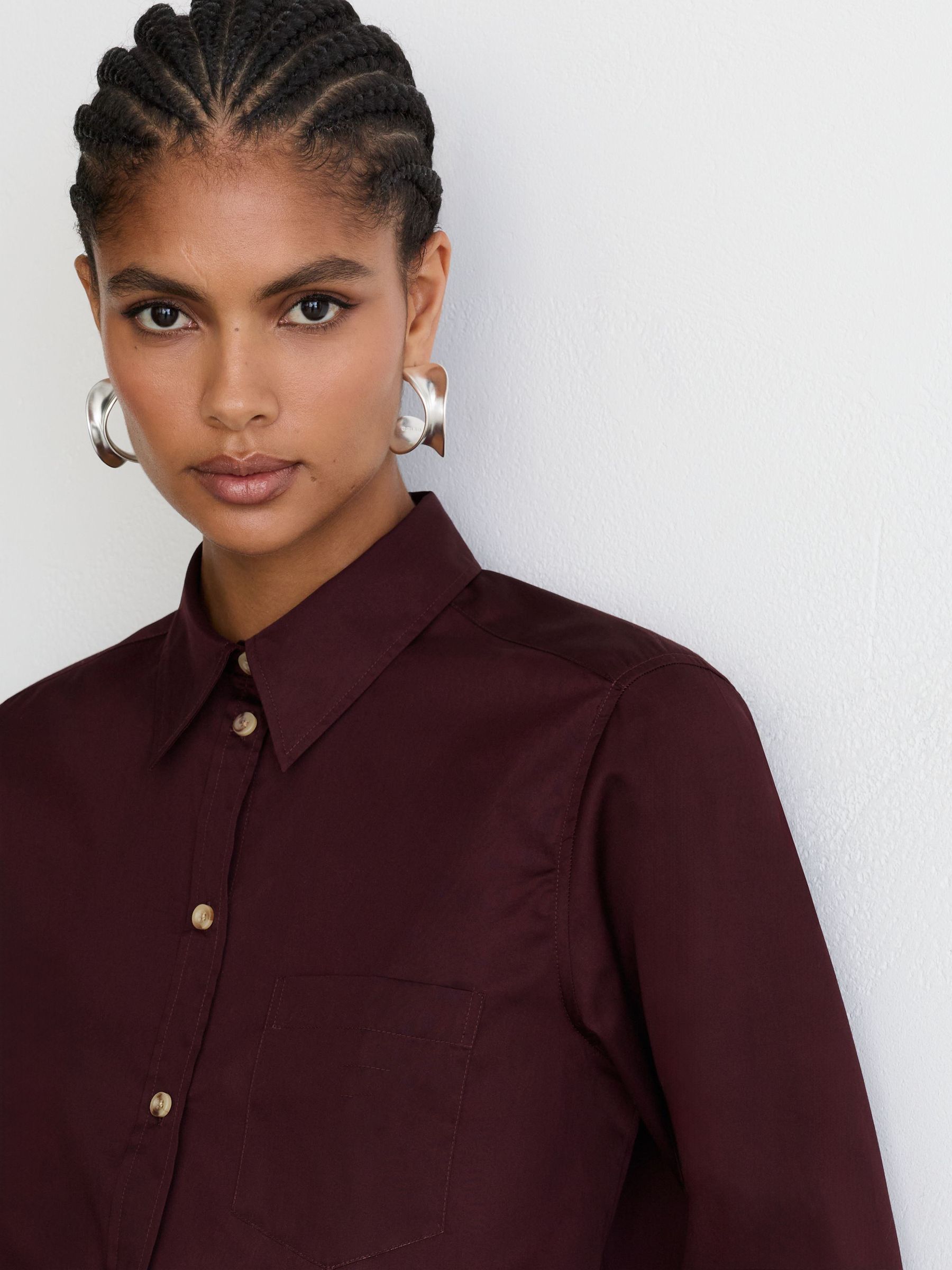 Cotton Cropped Long-Sleeve Shirt in Burgundy - Image 4 of 8