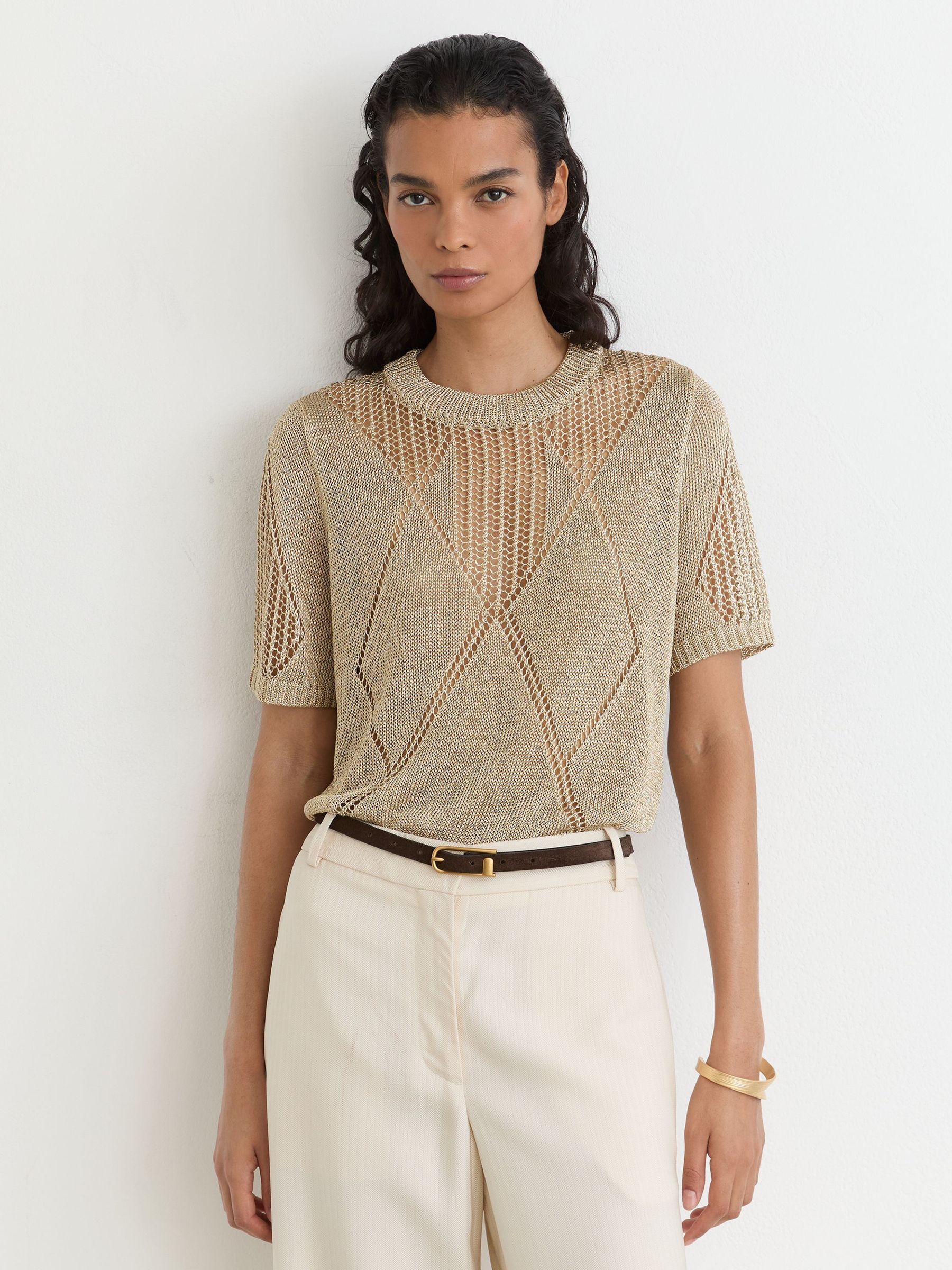 Metallic Argyle Open-Knit Top in Gold - Image 1 of 6