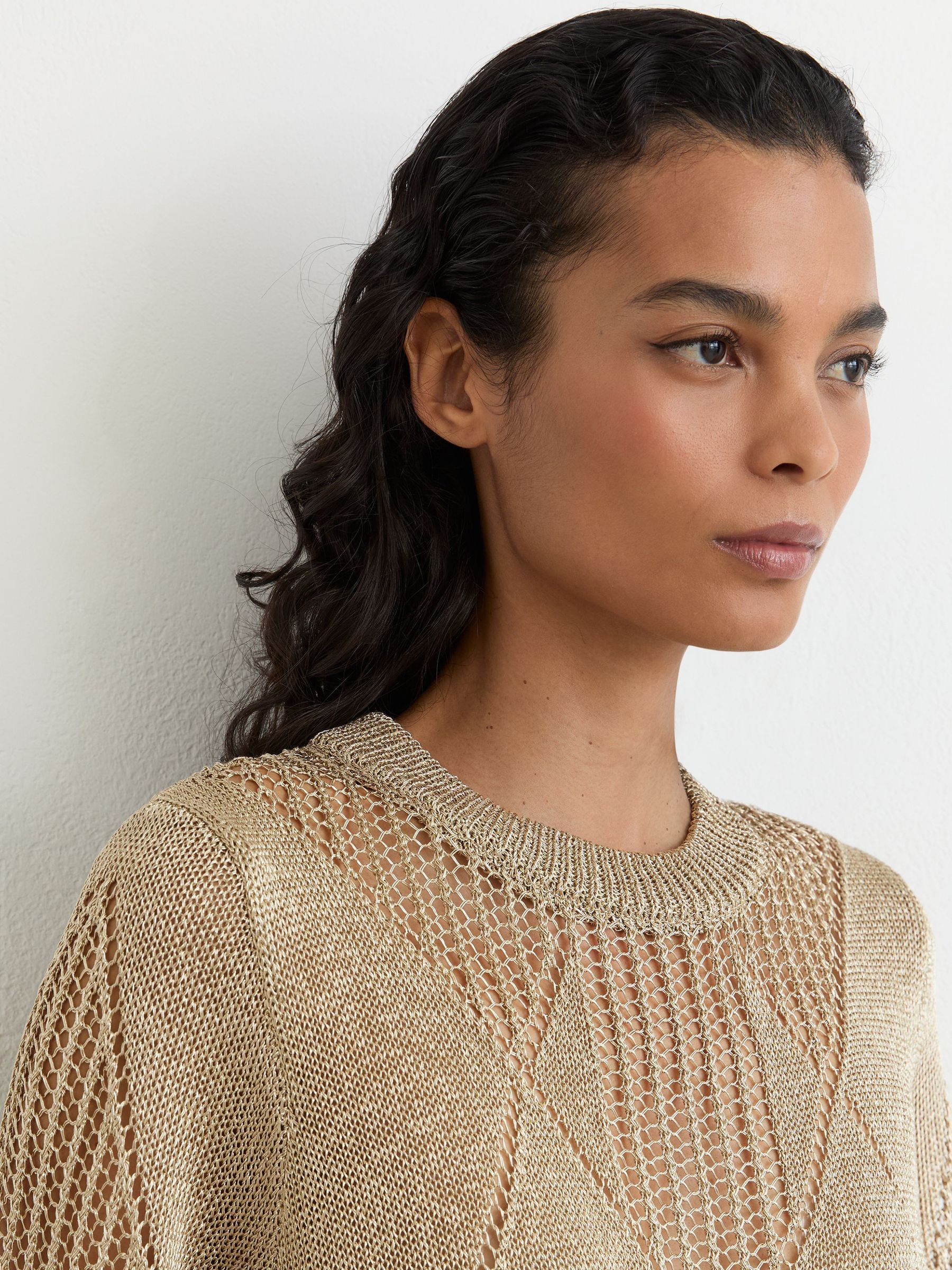 Metallic Argyle Open-Knit Top in Gold - Image 3 of 6
