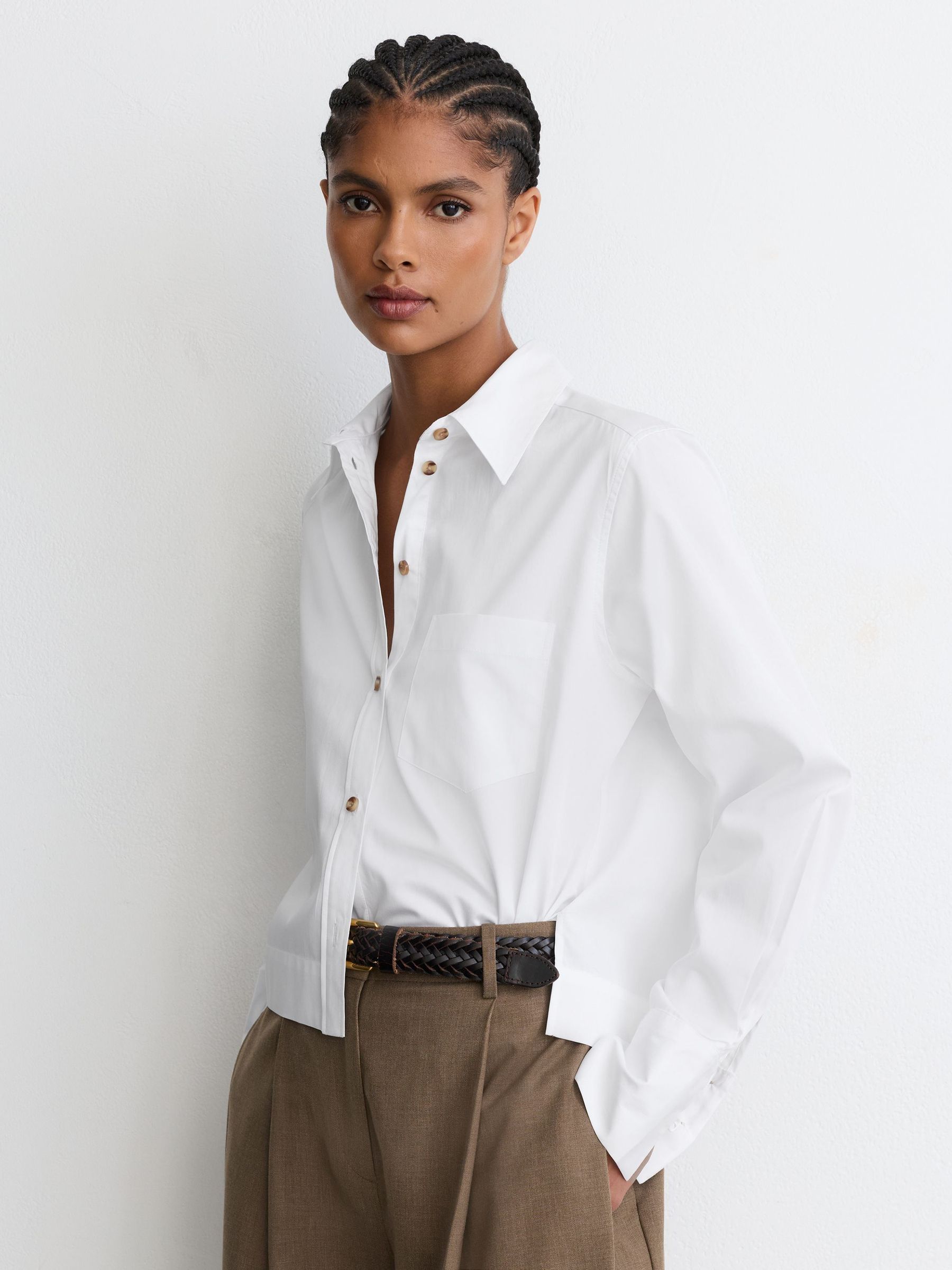 Cotton Cropped Long-Sleeve Shirt in White by Reiss