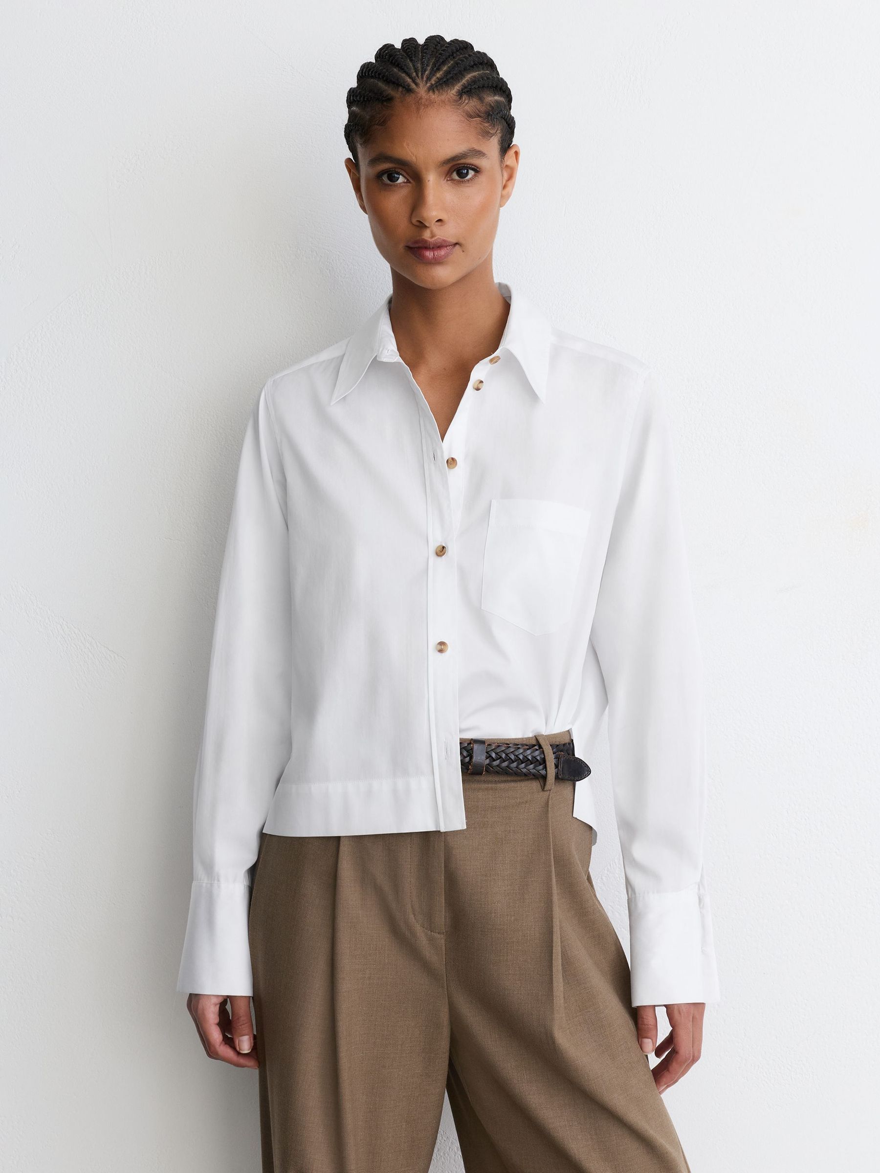 Cotton Cropped Long-Sleeve Shirt in White - Image 6 of 8
