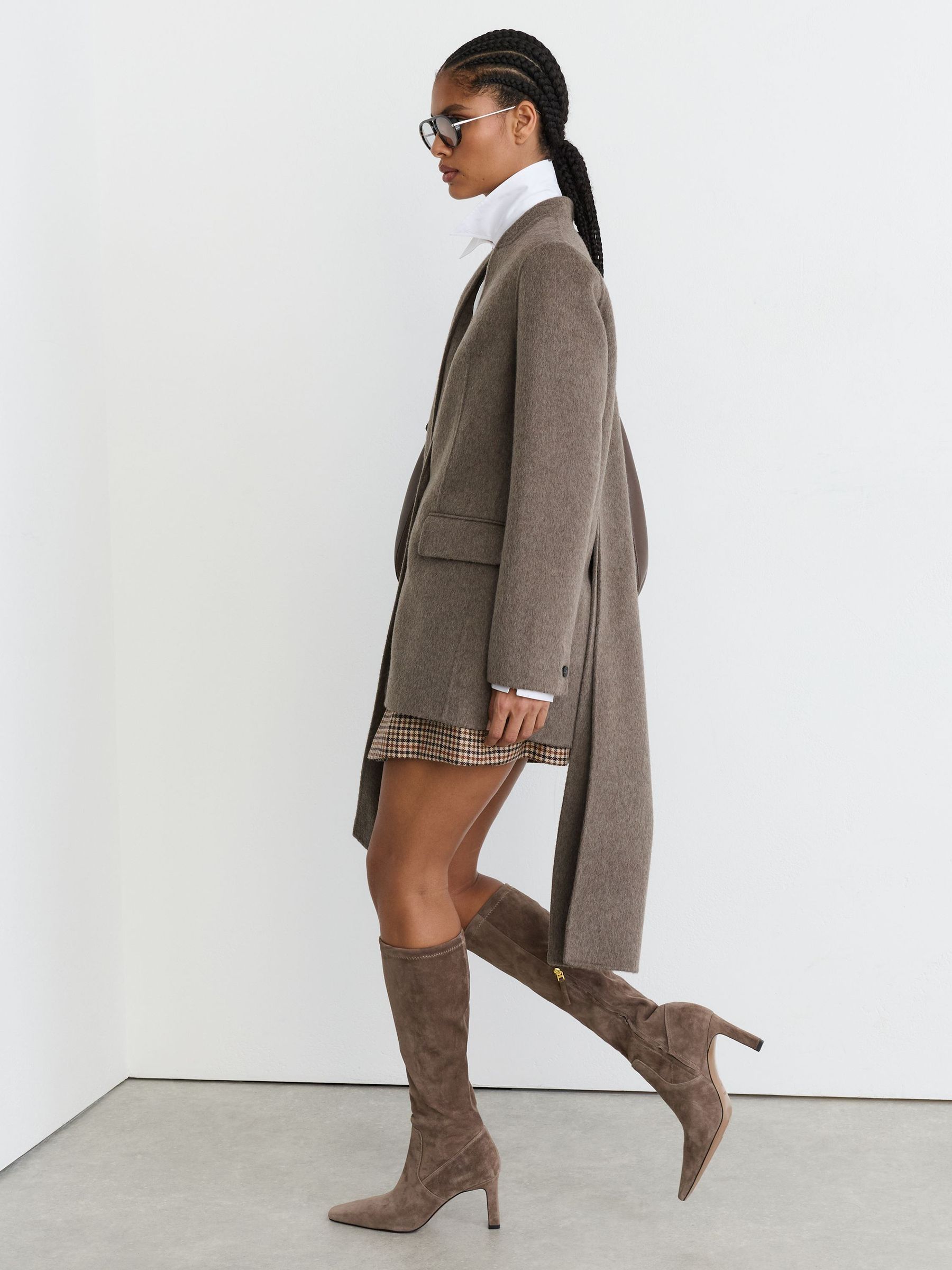 Stretch-Suede Heeled Knee-High Boots in Taupe - Image 1 of 7 Stretch-Suede Heeled Knee-High Boots in Taupe - Image 1 of 7