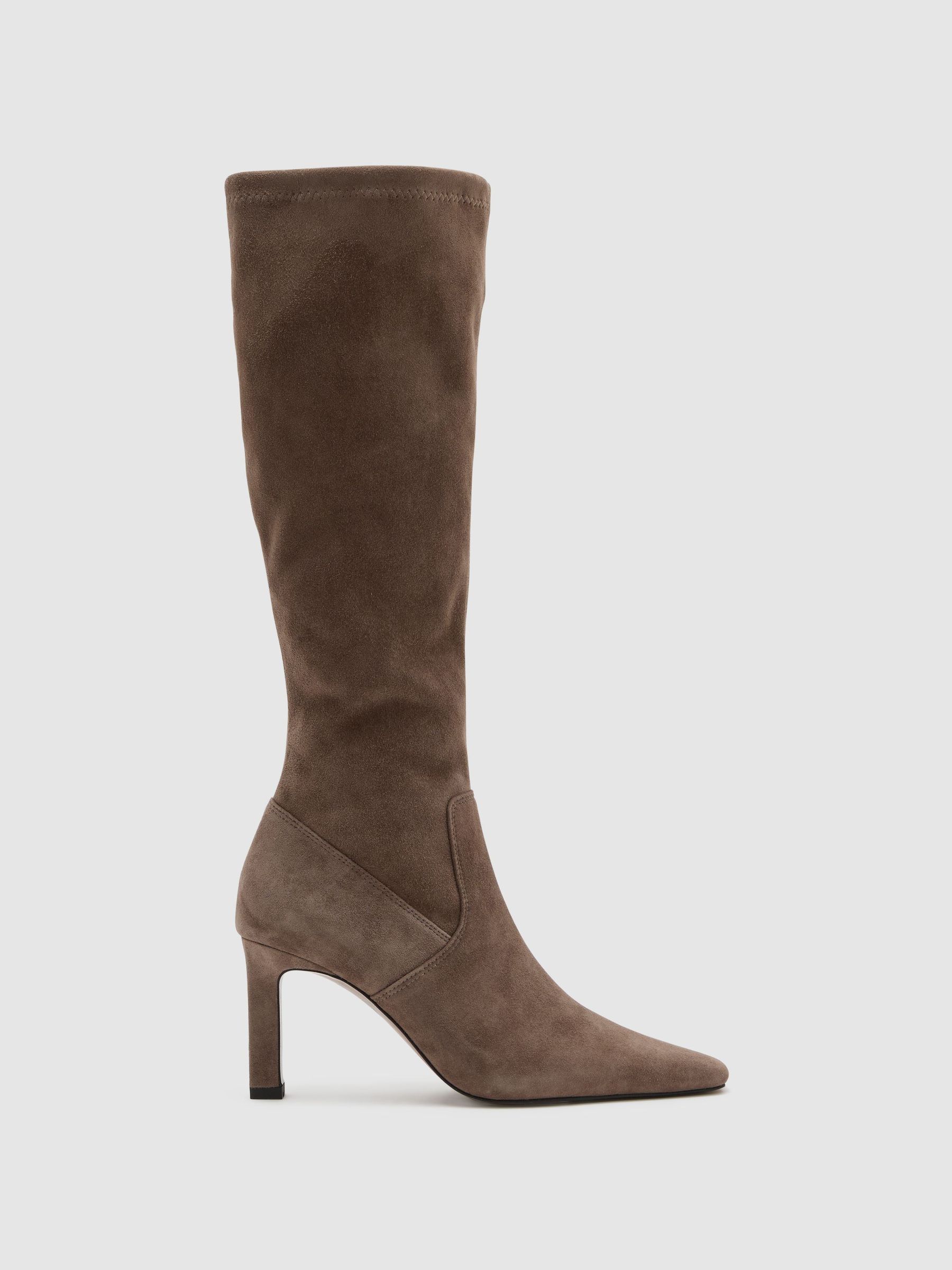 Stretch-Suede Heeled Knee-High Boots in Taupe - Image 2 of 7 Stretch-Suede Heeled Knee-High Boots in Taupe - Image 2 of 7