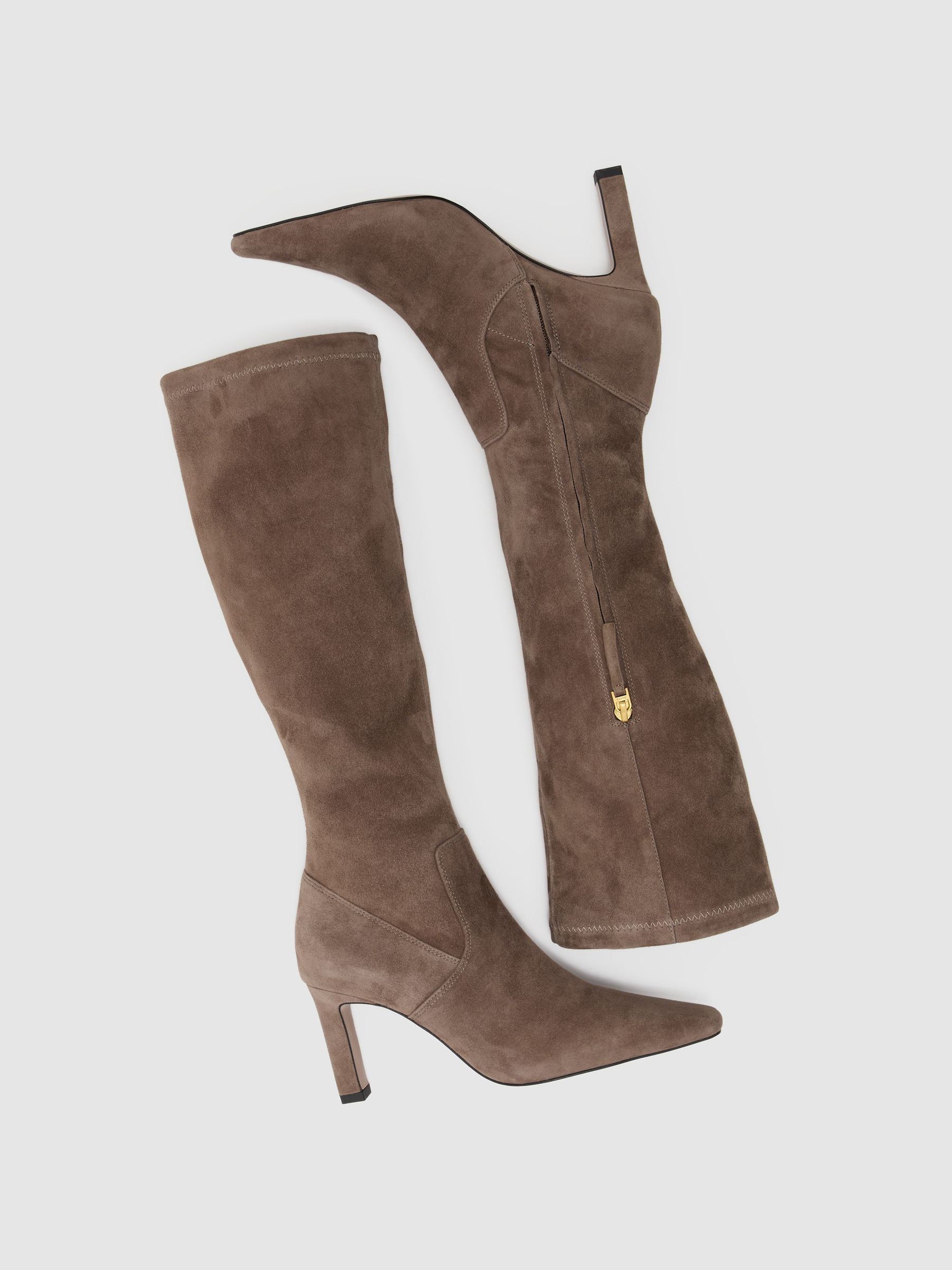Stretch-Suede Heeled Knee-High Boots in Taupe - Image 3 of 7