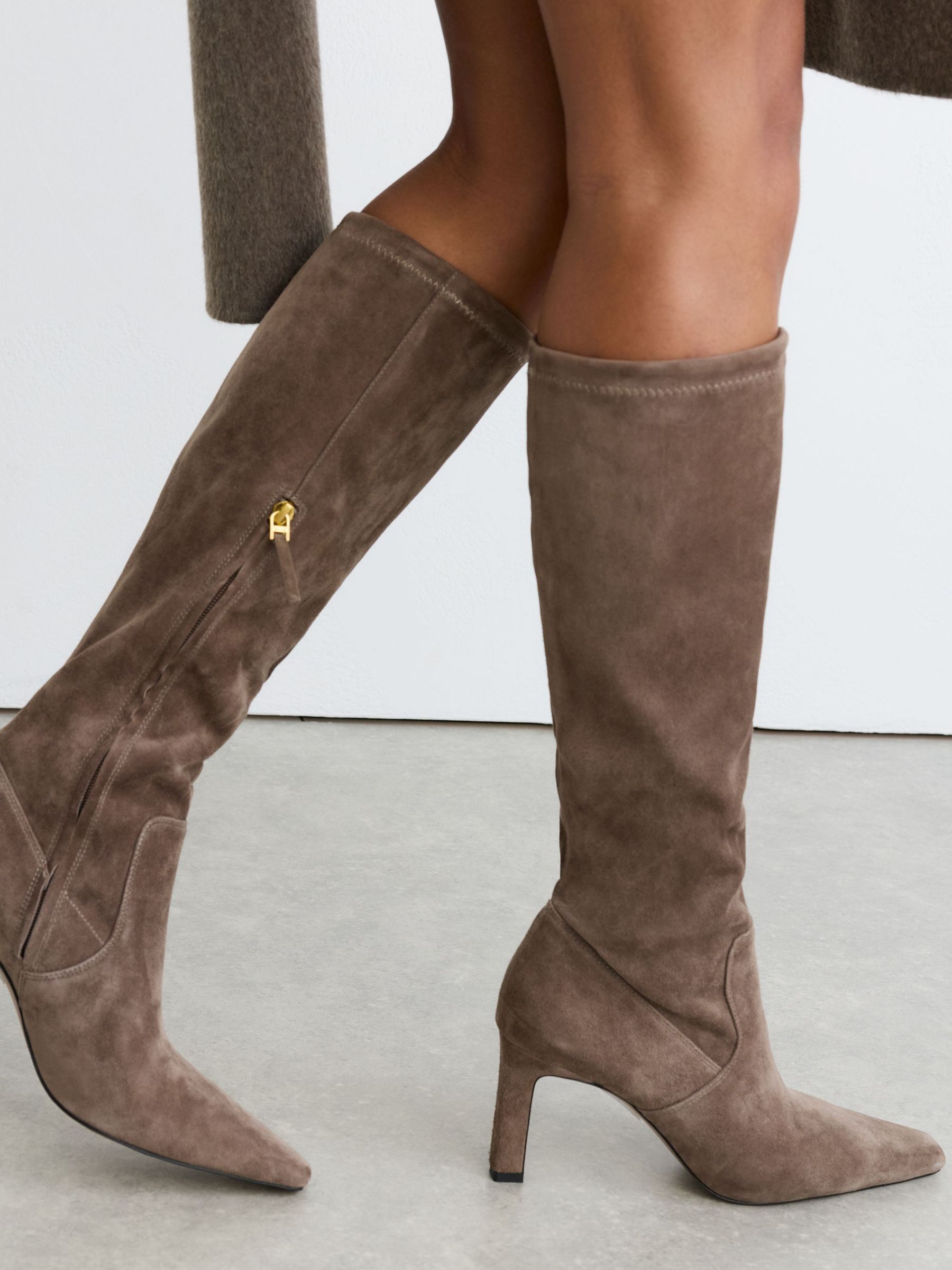 Stretch-Suede Heeled Knee-High Boots in Taupe - Image 4 of 7