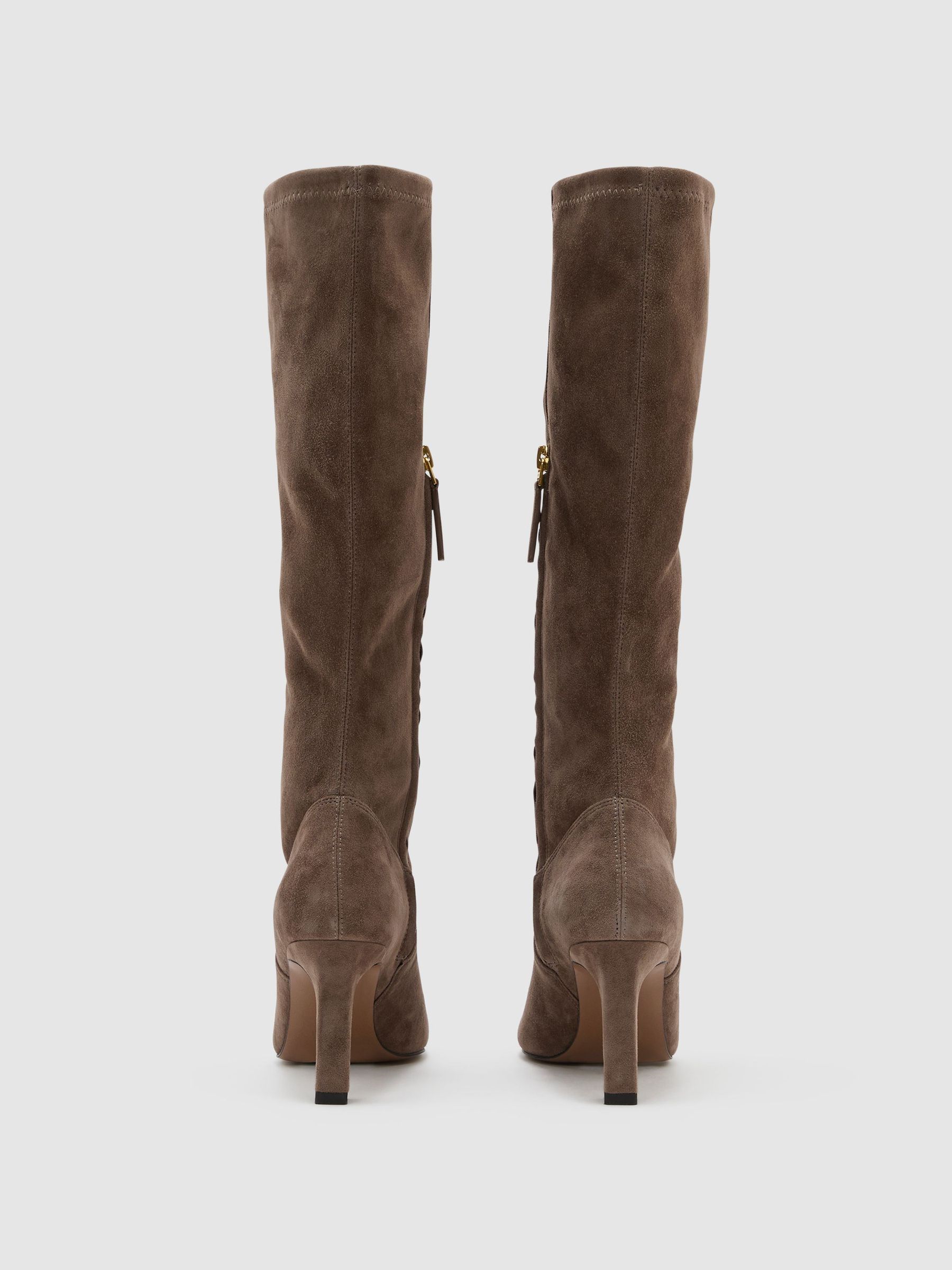 Stretch-Suede Heeled Knee-High Boots in Taupe - Image 5 of 7