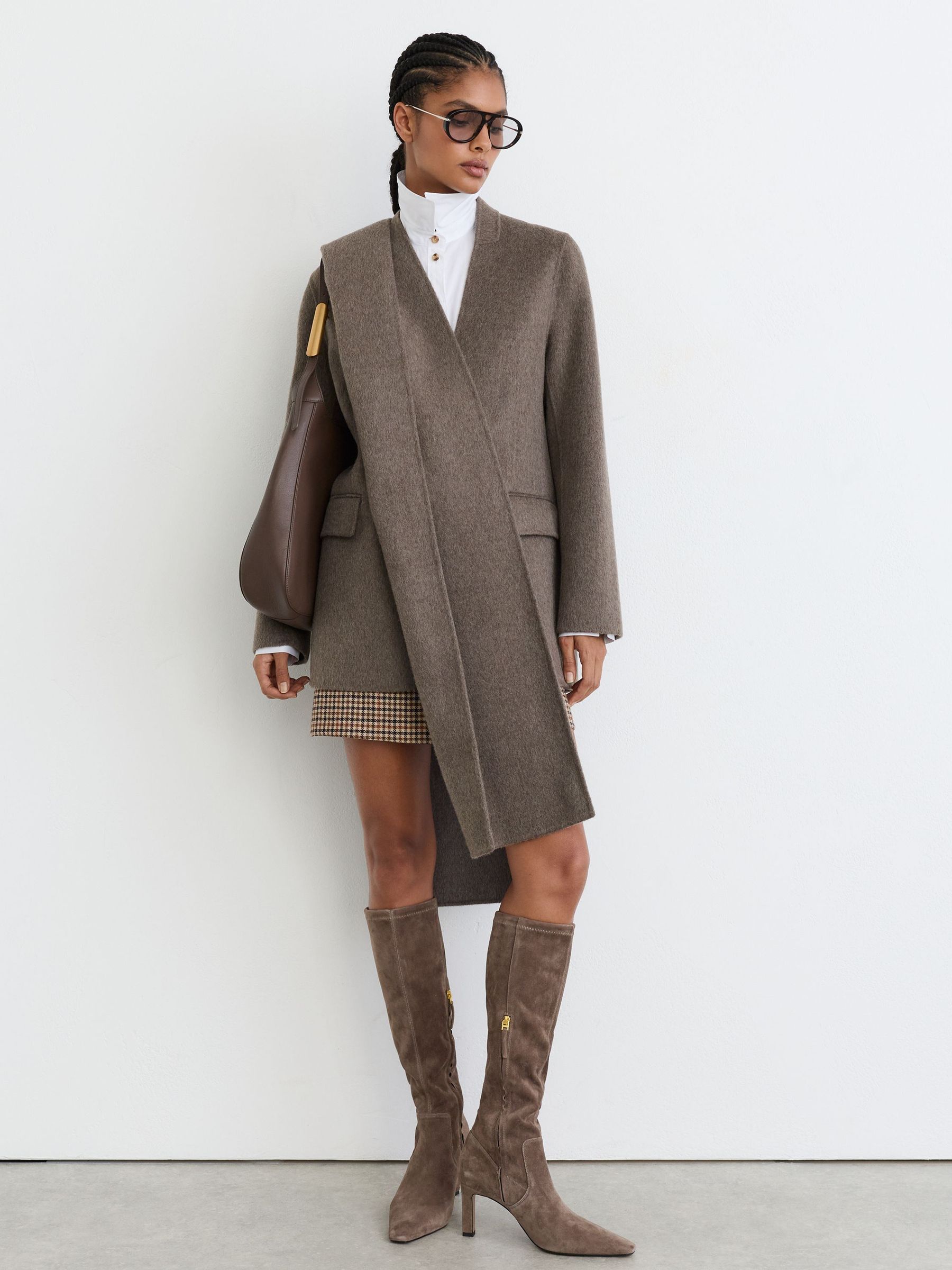 Stretch-Suede Heeled Knee-High Boots in Taupe - Image 6 of 7