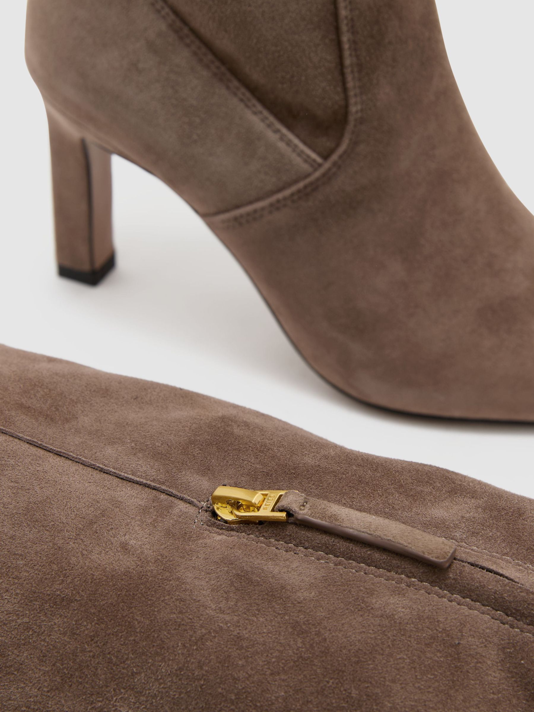Stretch-Suede Heeled Knee-High Boots in Taupe - Image 7 of 7
