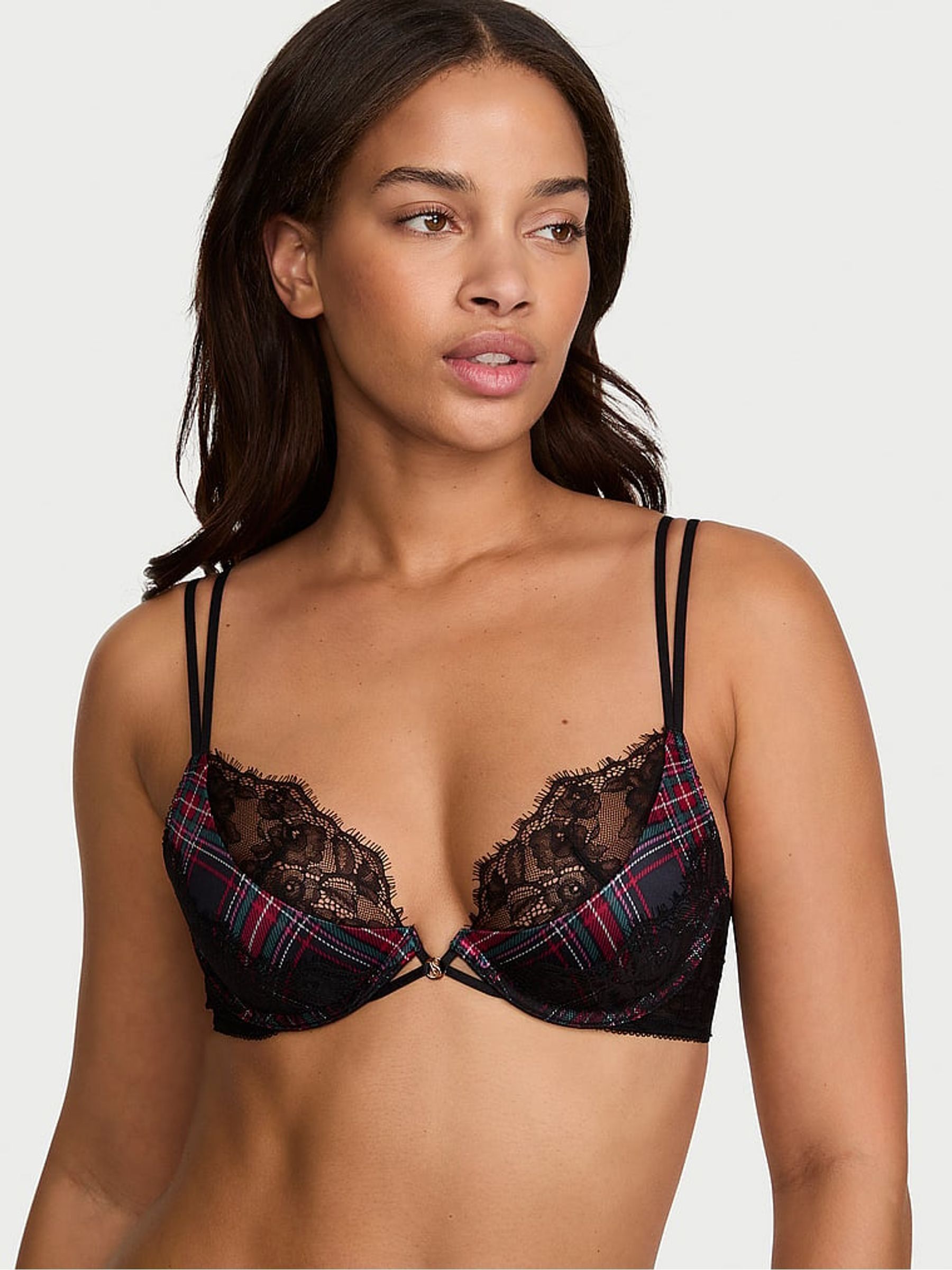 Black Tartan Plunge Push Up Lace Bra - Image 2 of 3 Black Tartan Plunge Push Up Lace Bra - Image 2 of 3