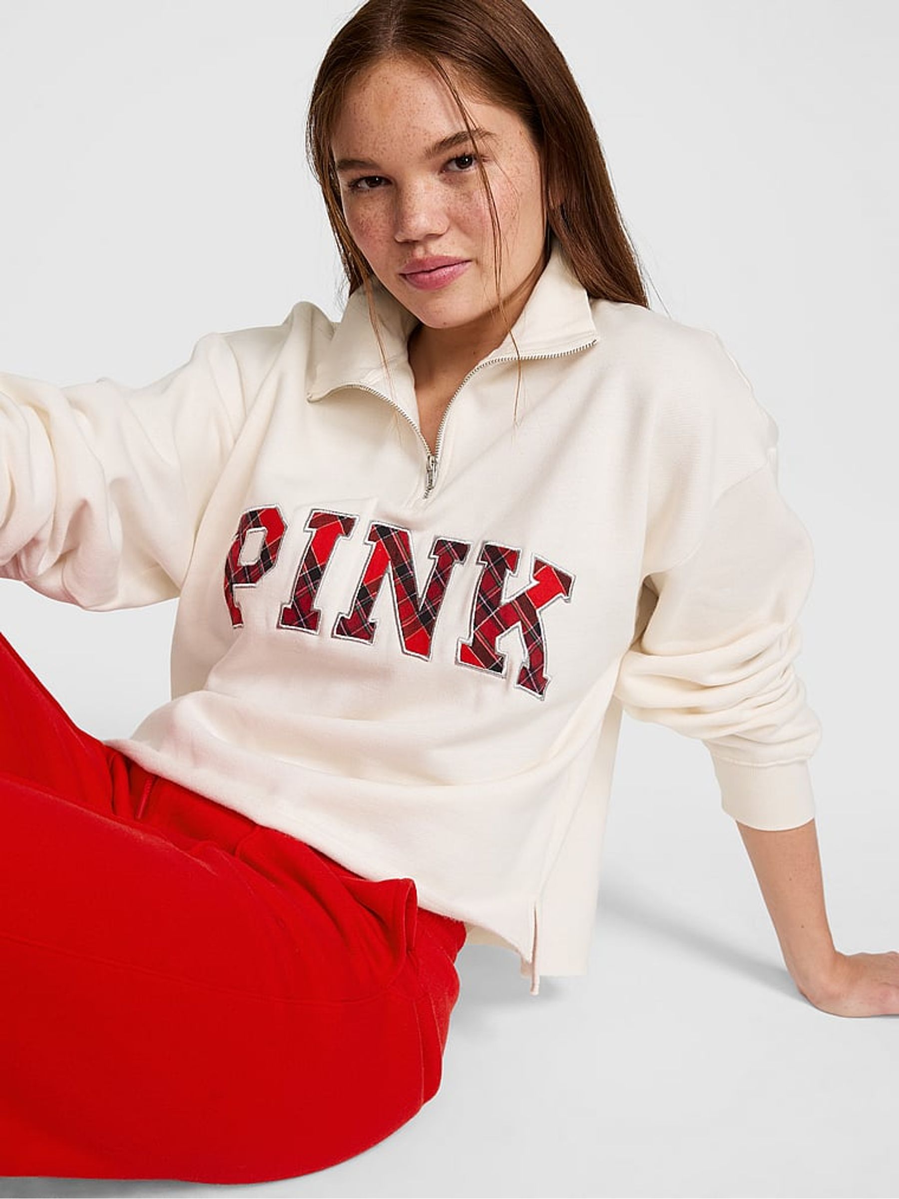 Cosy White Tartan Quarter Zip Fleece Sweatshirt - Image 2 of 3 Cosy White Tartan Quarter Zip Fleece Sweatshirt - Image 2 of 3