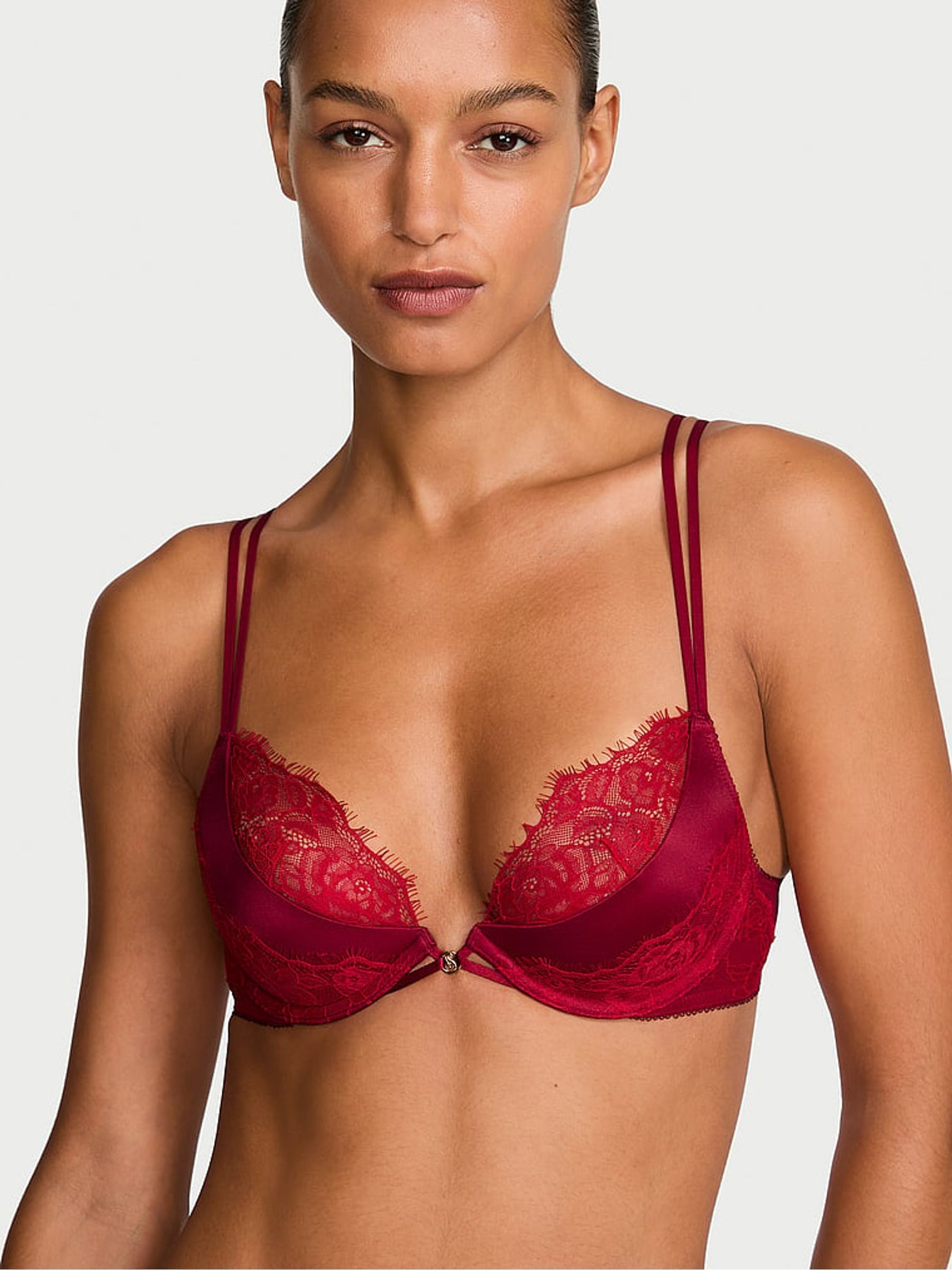 Red Lacquer Plunge Push Up Lace Bra - Image 1 of 2