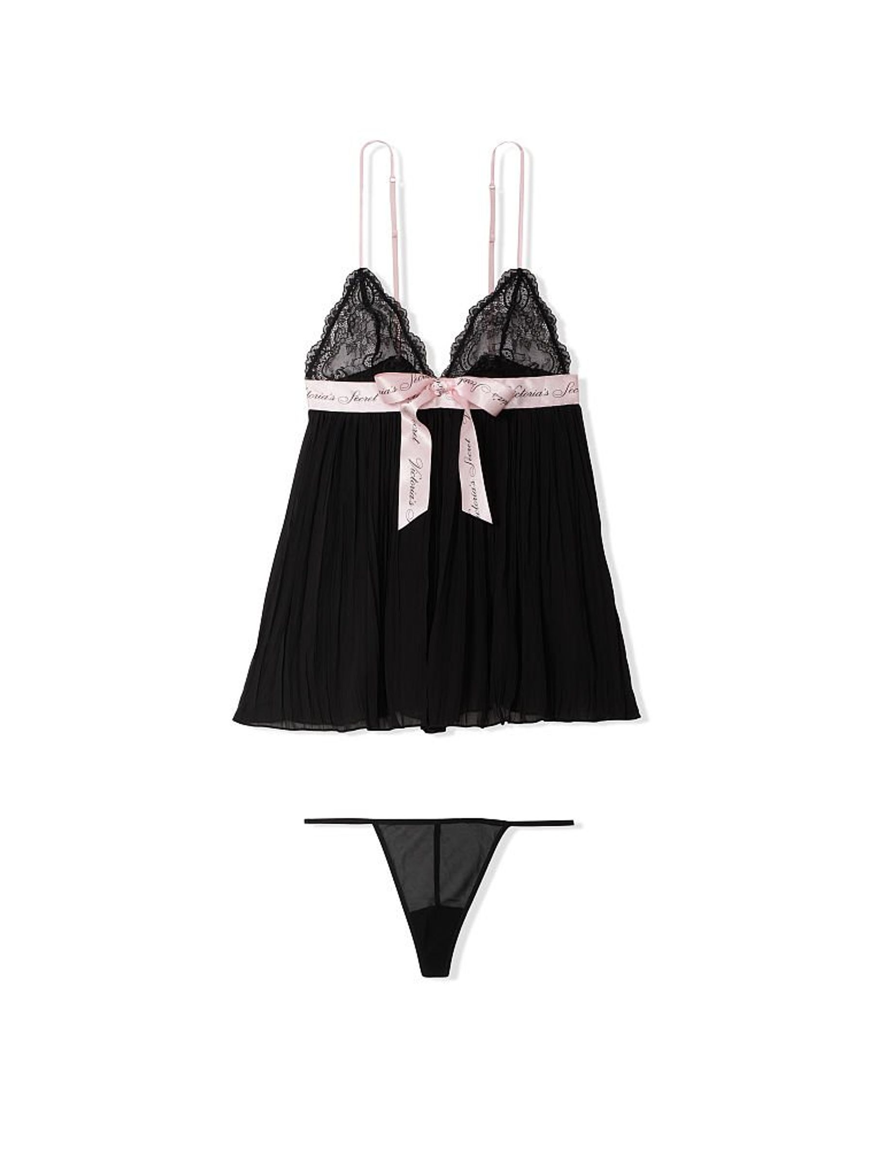 Black W/ Pink Ribbon Lace Pleated Babydoll Body - Image 1 of 1