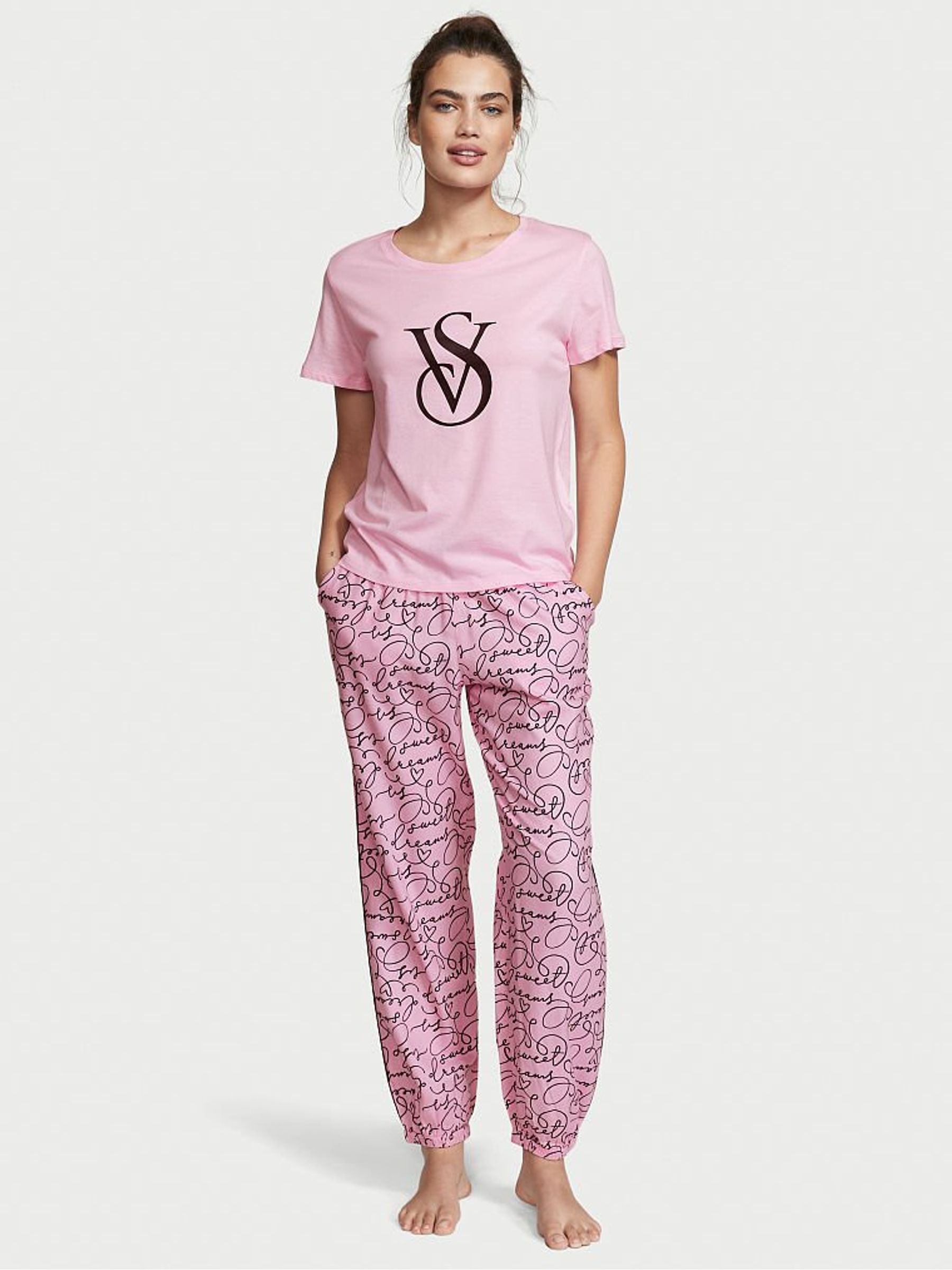 Flora Pink Script Short Sleeve T-Shirt Flannel Pyjamas - Image 1 of 4